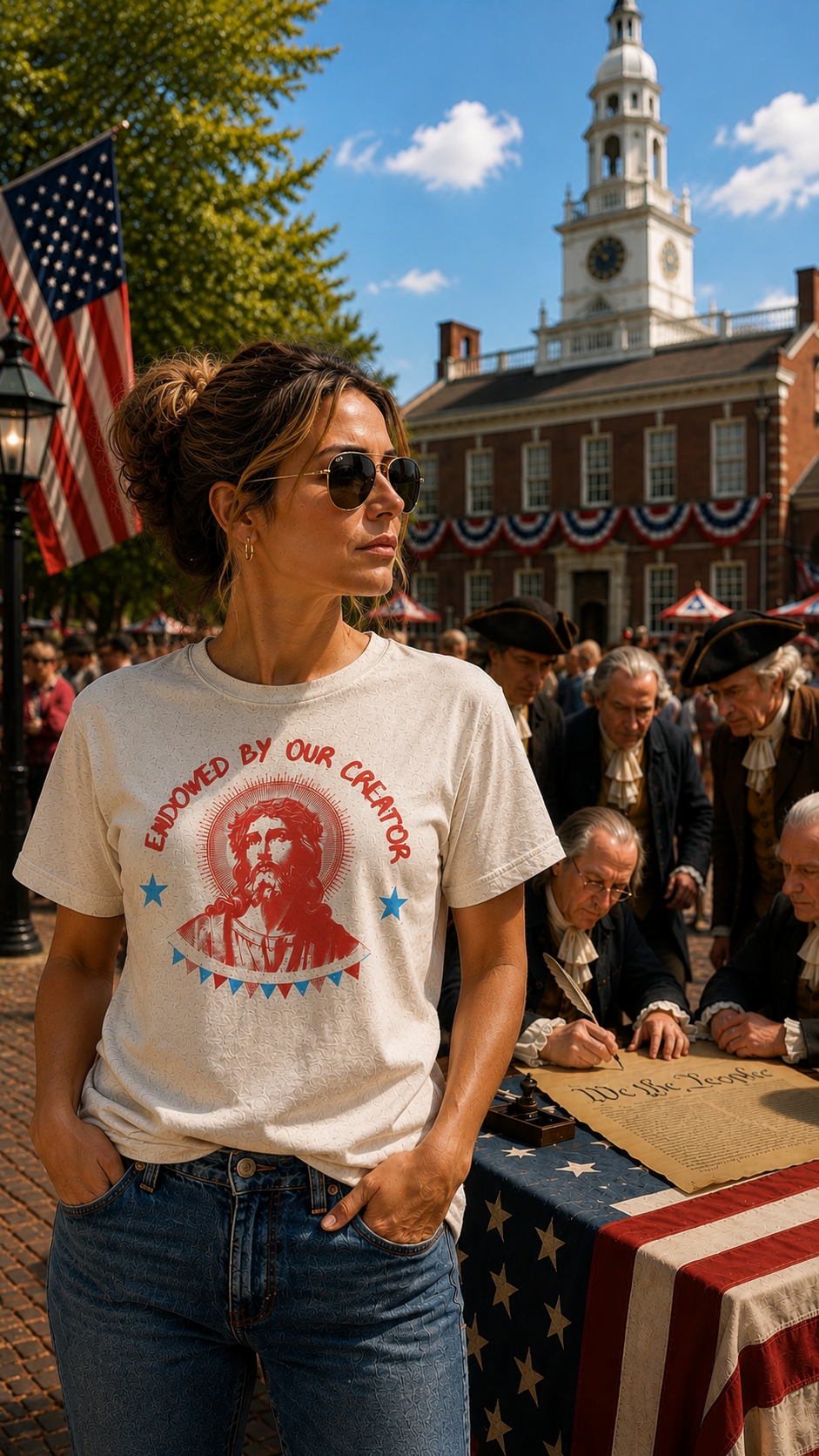 Woman in a cream Endowed by Our Creator tee with a vintage Jesus portrait, stars and bunting, patriotic Christian apparel