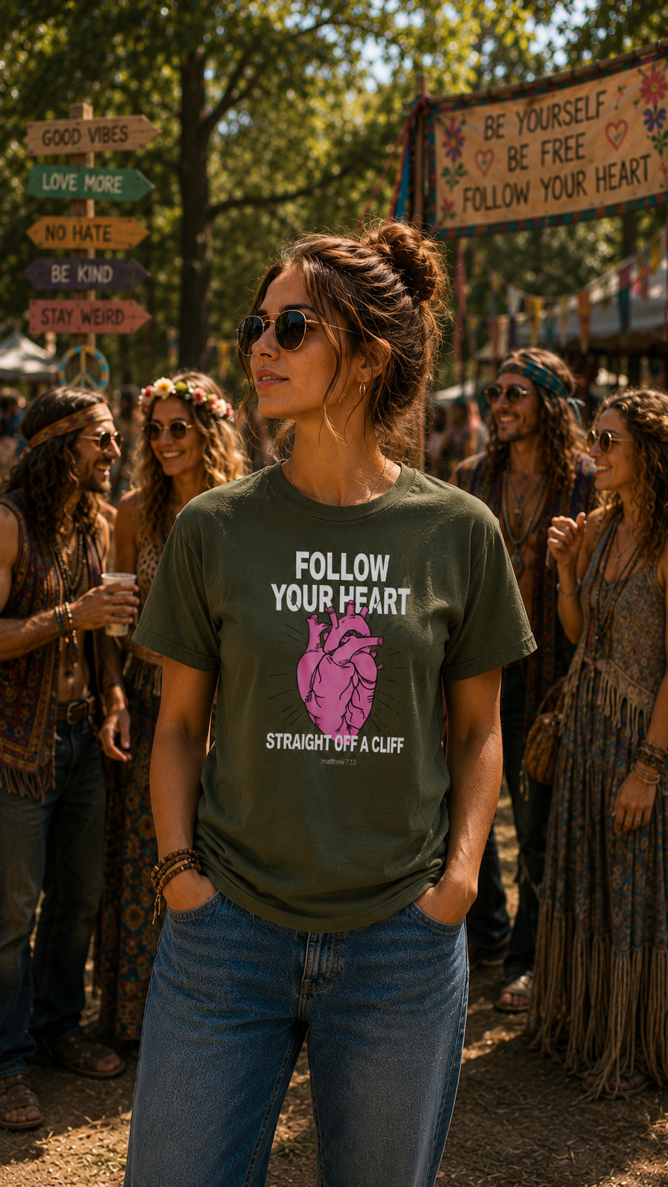 Follow Your Heart Straight Off a Cliff t-shirt with a pink anatomical heart illustration and Matthew 7:13, white and pink print on olive