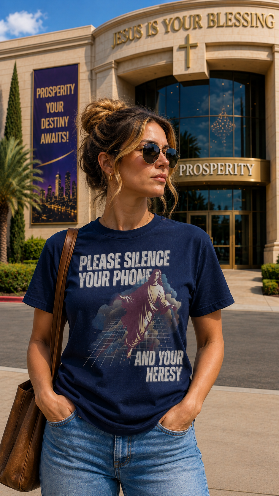 Please Silence Your Phone and Your Heresy t-shirt with a retro synthwave Jesus on a neon grid, cream and maroon on navy