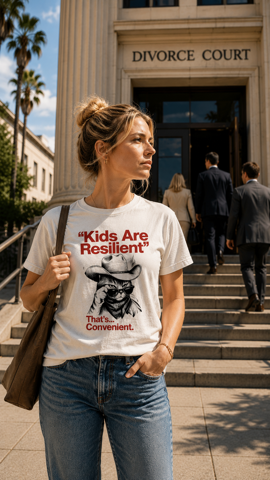 Kids Are Resilient, That's Convenient t-shirt with a vintage ink deadpan cowboy cat in a hat and bandana, barn red print on cream