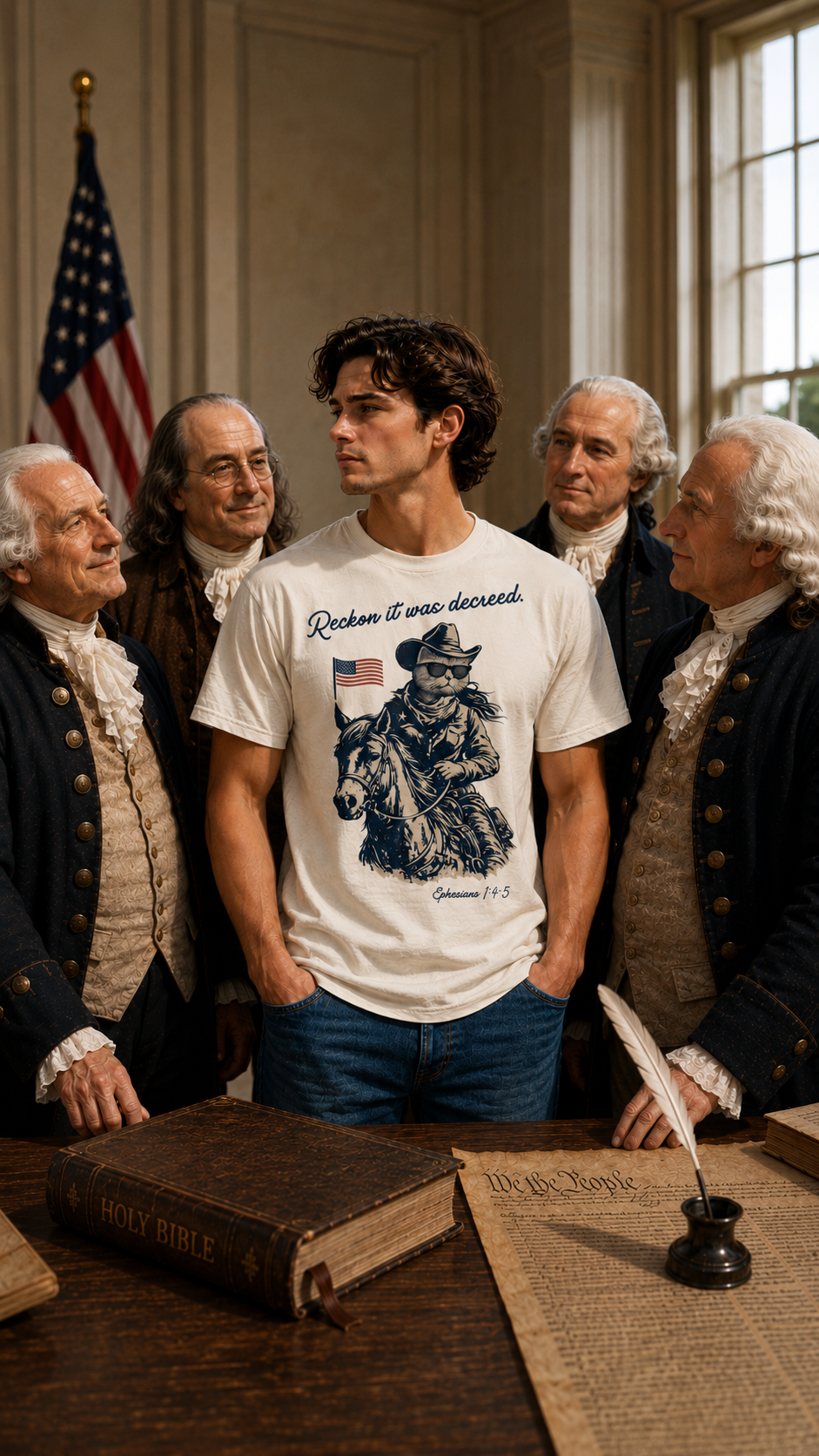 Man in a cream Reckon It Was Decreed tee with a cowboy cat on horseback holding an American flag, patriotic Christian apparel