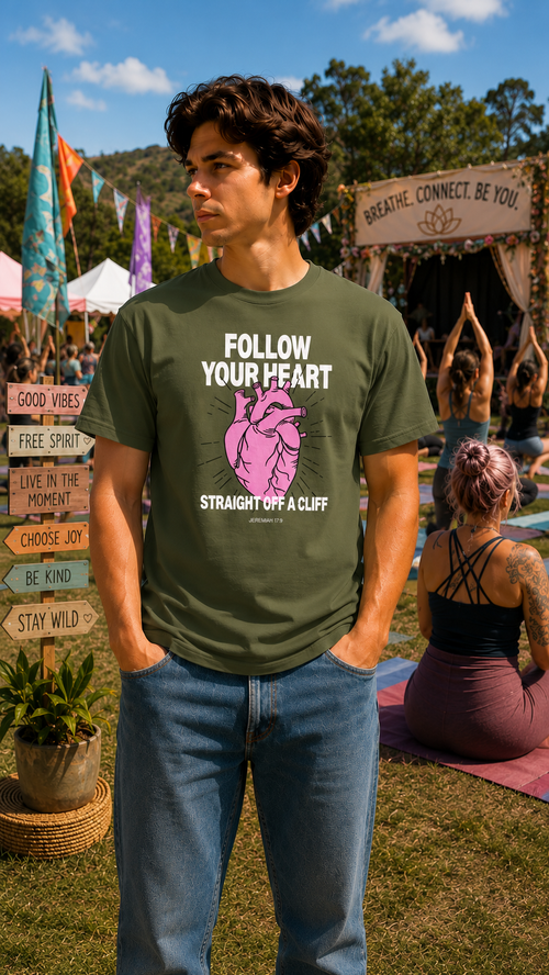 Follow Your Heart Straight Off a Cliff Funny Christian Shirt Men Women Sarcastic Jeremiah 17:9 Faith Christian Humor T-Shirt