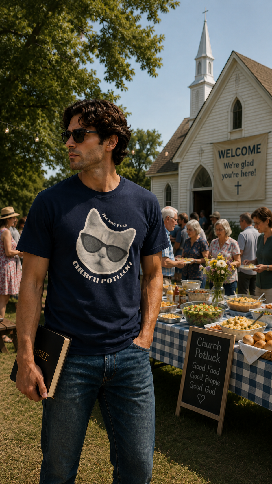 Man in a navy Do You Even Church Potluck tee with a cool cat in sunglasses, retro Christian apparel