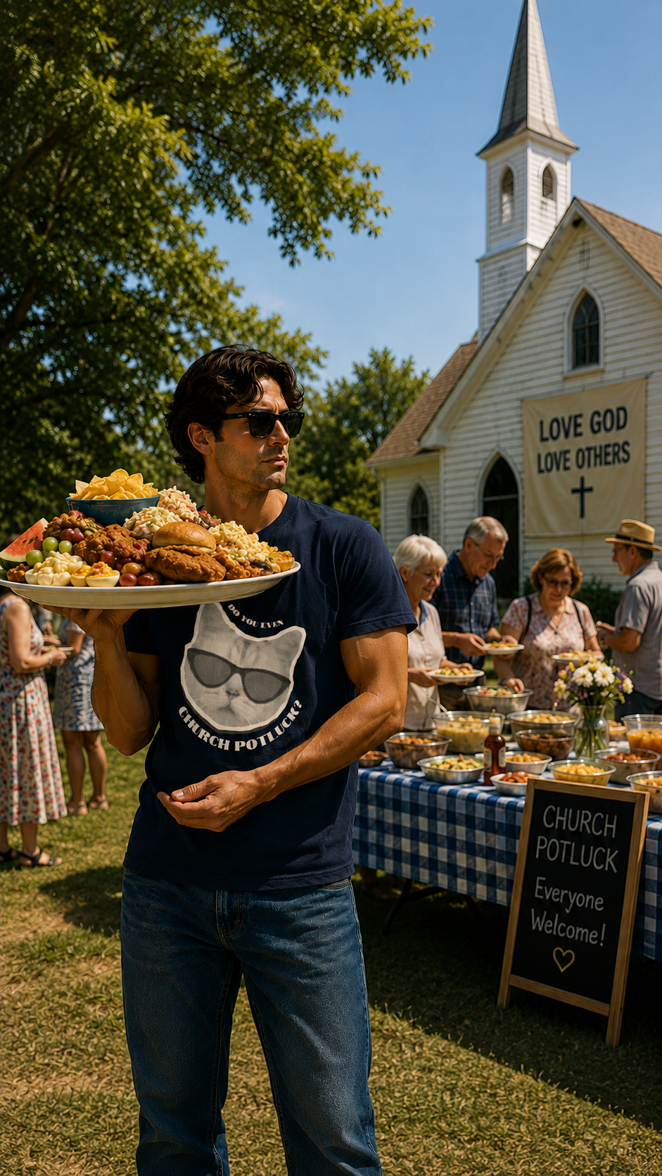 Man in a navy Do You Even Church Potluck tee carrying a platter of food at a potluck, cat in sunglasses
