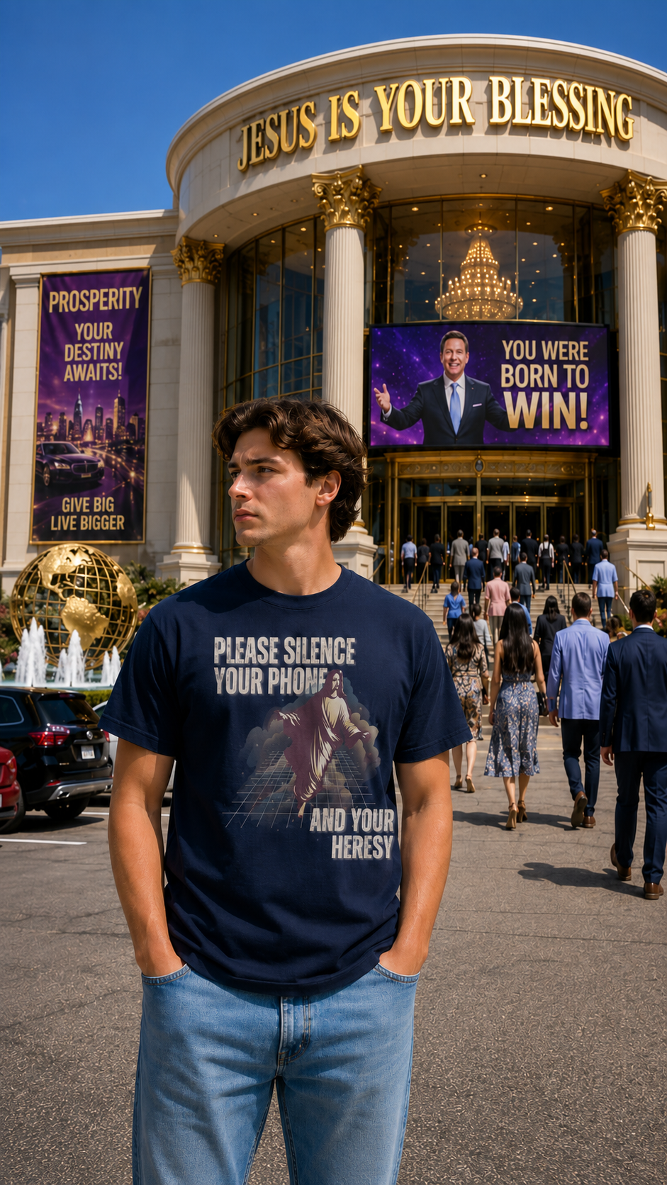 Man in a navy Please Silence Your Phone and Your Heresy tee outside a megachurch, retro Christian apparel