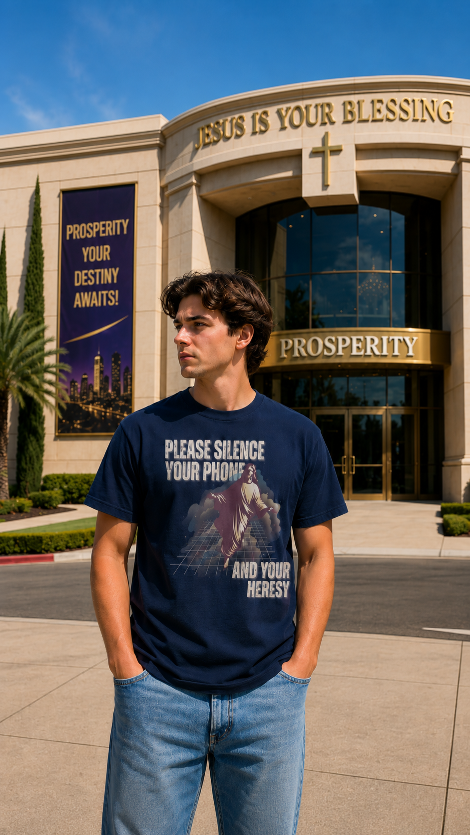 Man in a navy Please Silence Your Phone and Your Heresy tee with a synthwave Jesus, retro Christian apparel
