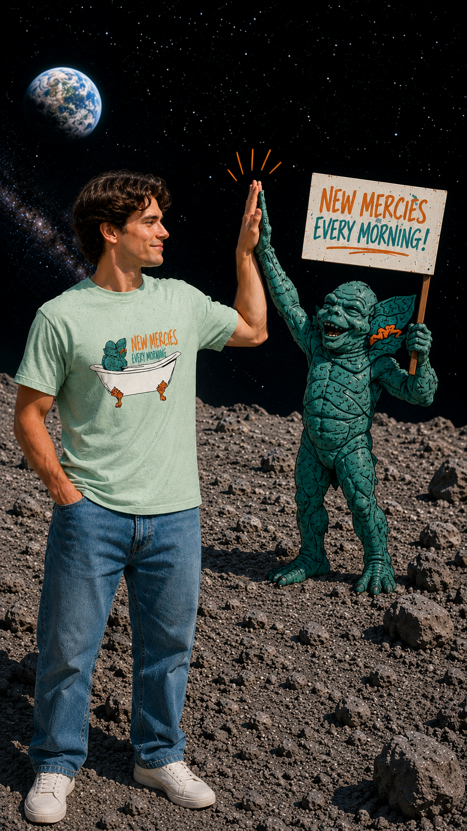Man in a sage green New Mercies Every Morning tee high-fiving a creature on the moon, retro Christian apparel