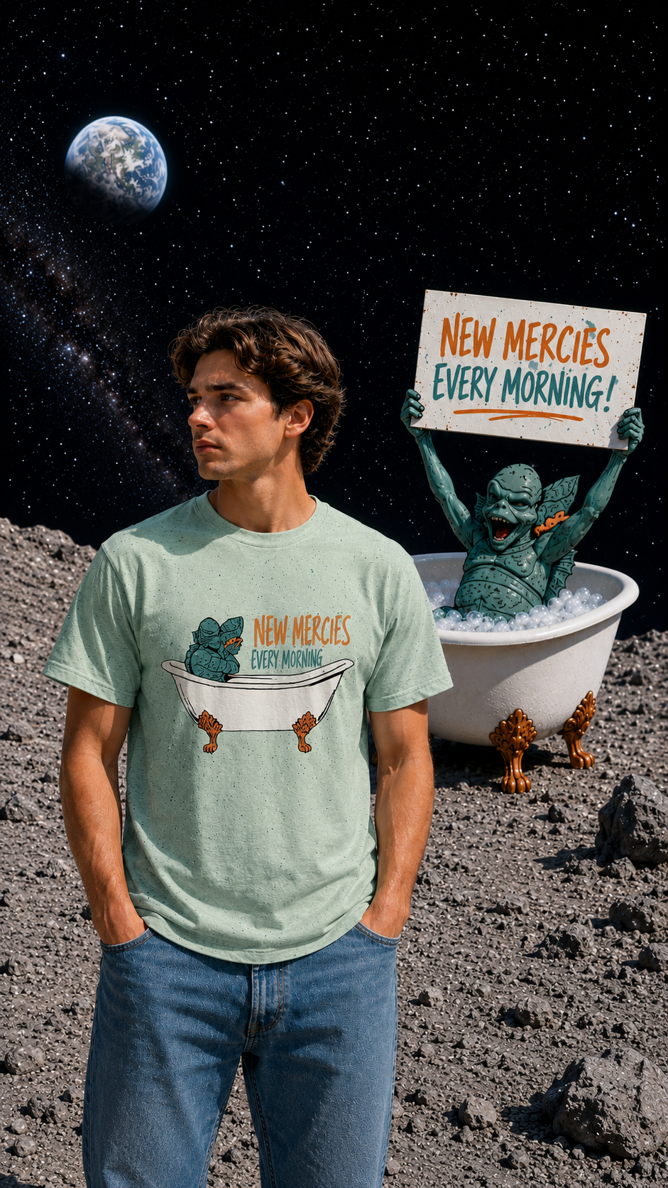 Man in a sage green New Mercies Every Morning tee on a moonscape, creature in a clawfoot bathtub, retro Christian apparel