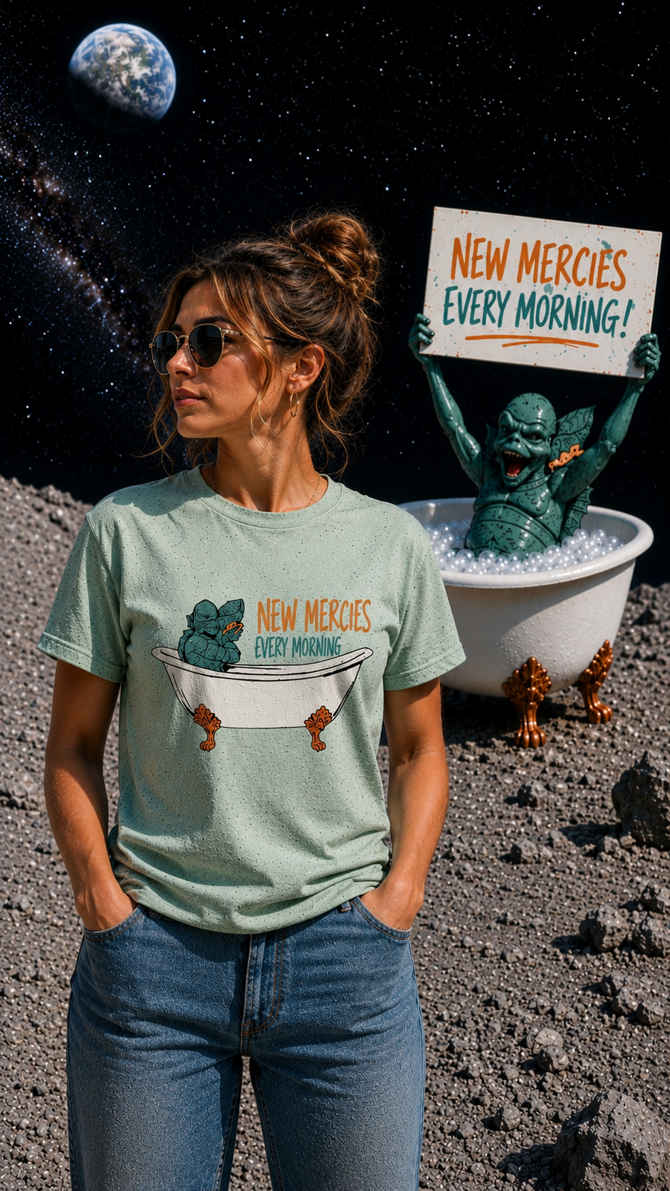 New Mercies Every Morning t-shirt with a vintage ink swamp creature relaxing in a clawfoot bathtub, teal and orange on sage green