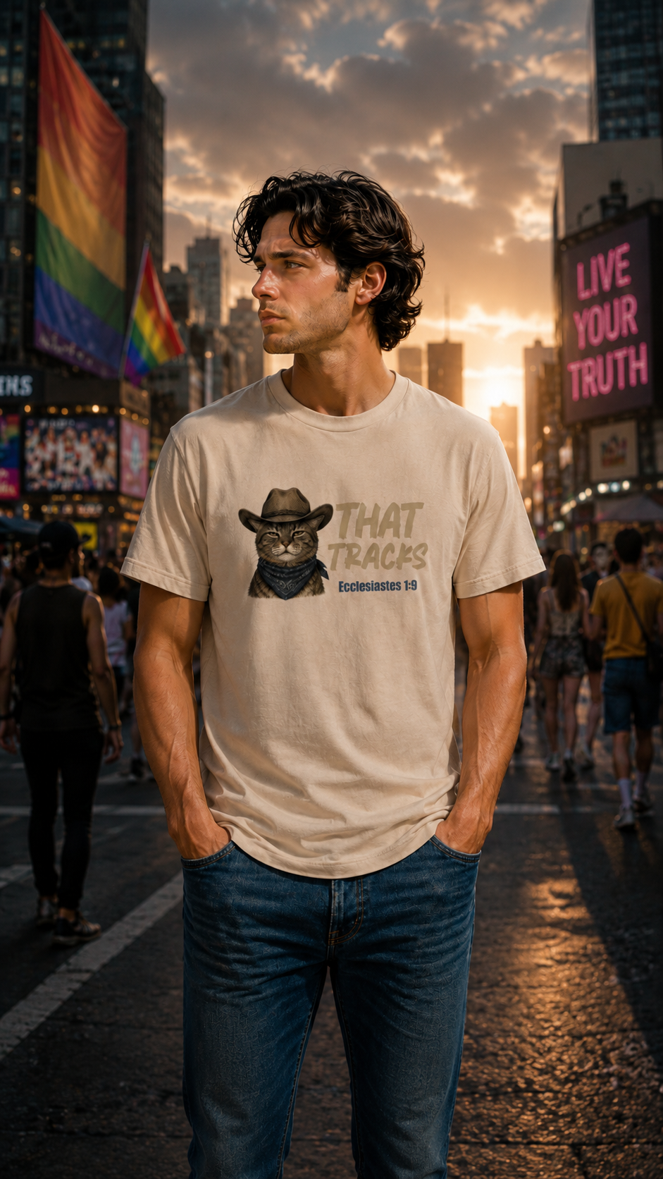 Man in a cream That Tracks tee with a deadpan cowboy cat and Ecclesiastes 1:9, retro Christian heritage apparel