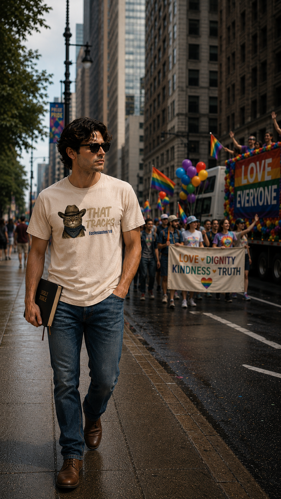 Man in a cream That Tracks tee holding a Bible on a city street, deadpan cowboy cat, retro Christian apparel