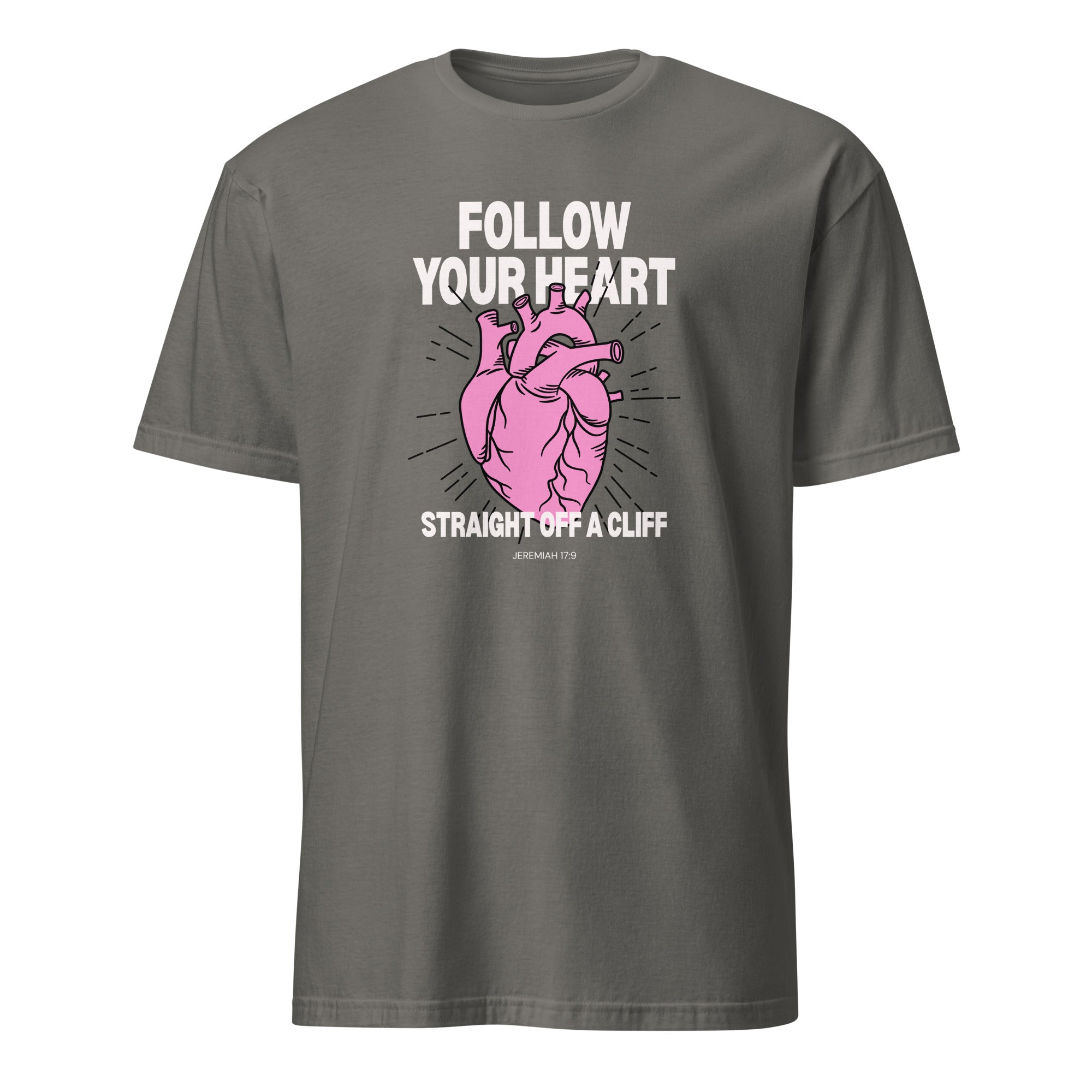 Follow Your Heart Straight Off a Cliff t-shirt in charcoal, pink anatomical heart illustration, retro Christian apparel
