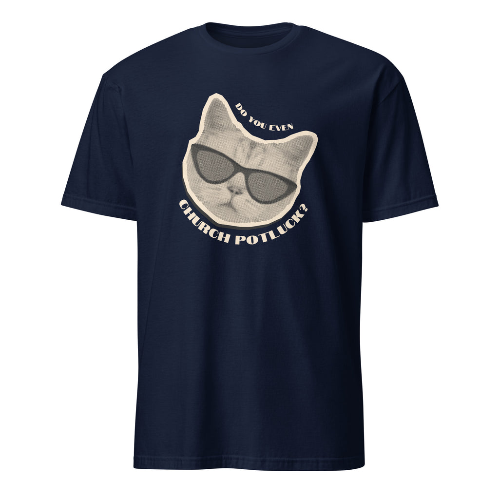 Do You Even Church Potluck t-shirt in navy, vintage ink cat in sunglasses, retro Christian apparel