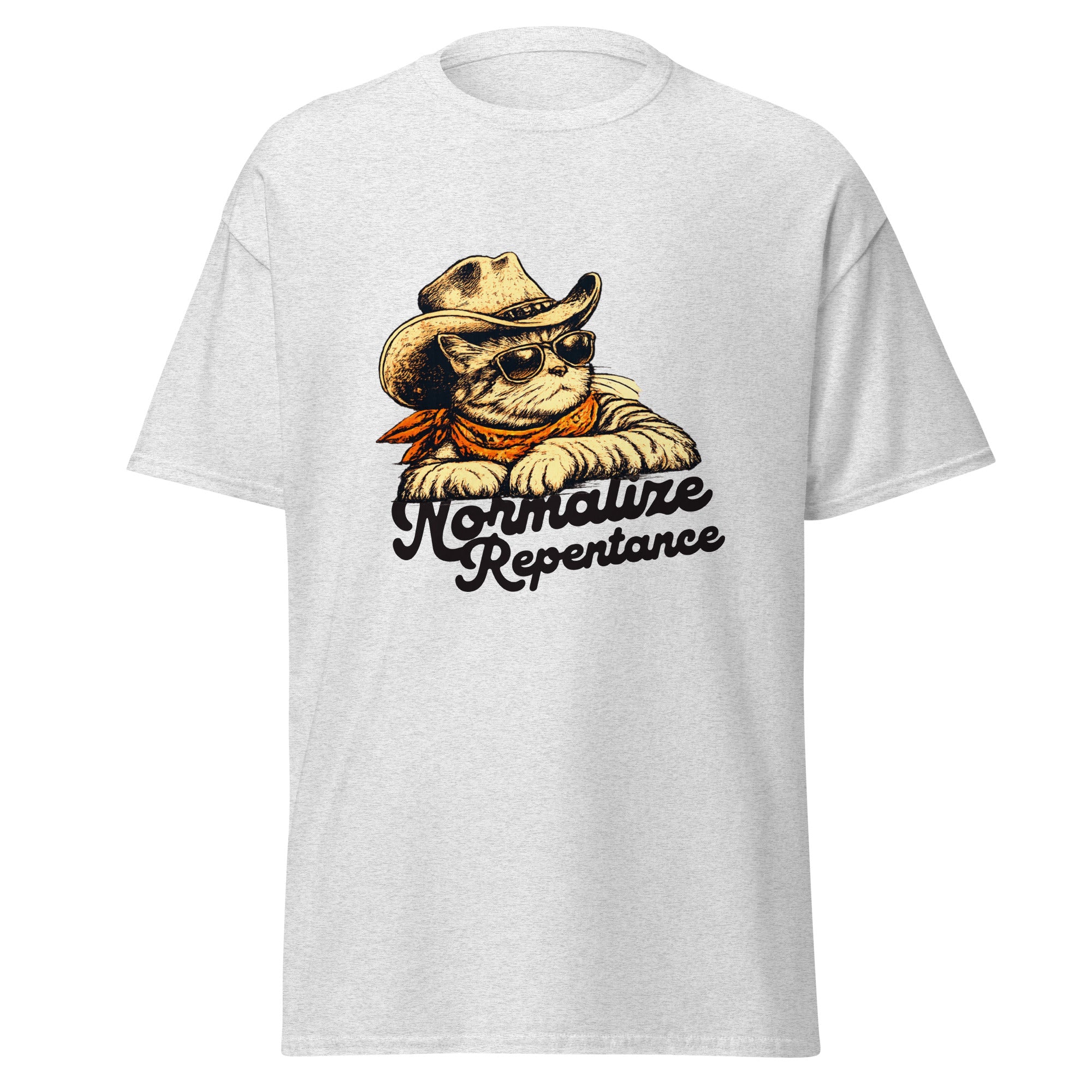 Normalize Repentance cowboy cat t-shirt in ash grey, vintage ink cat in a hat and bandana, retro Christian apparel