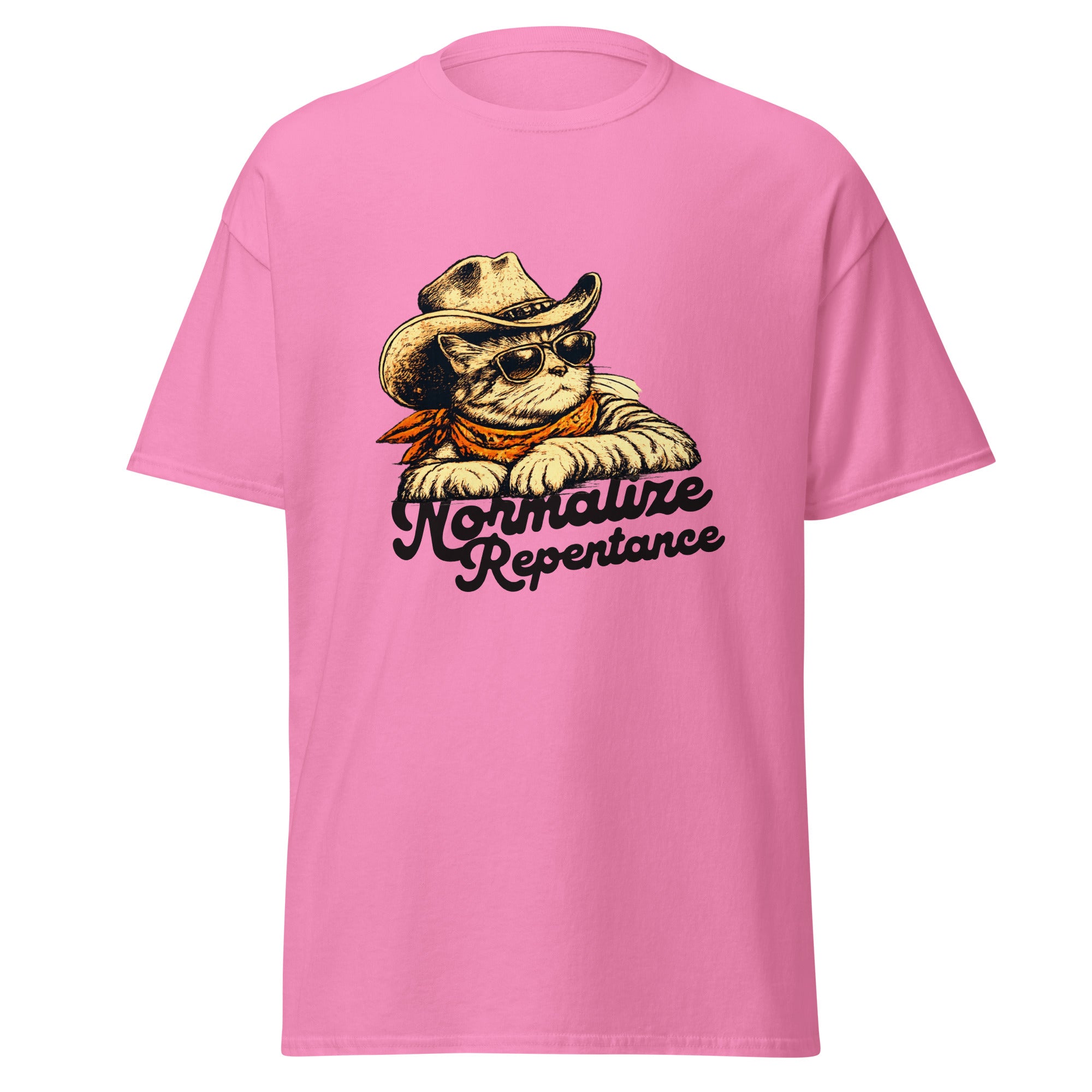 Normalize Repentance cowboy cat t-shirt in azalea pink, vintage ink cat in a hat and bandana, retro Christian apparel