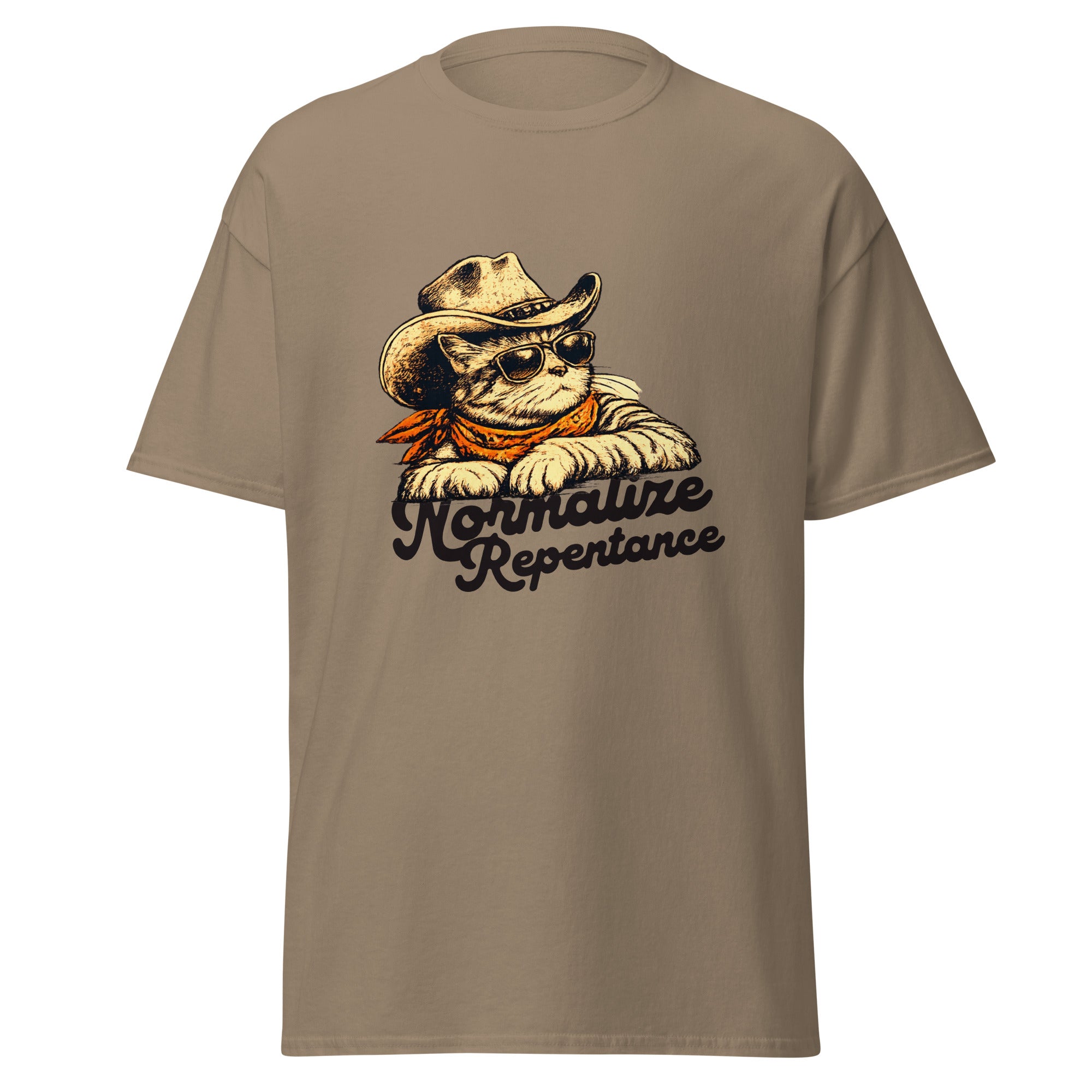 Normalize Repentance cowboy cat t-shirt in brown savana, vintage ink cat in a hat and bandana, retro Christian apparel