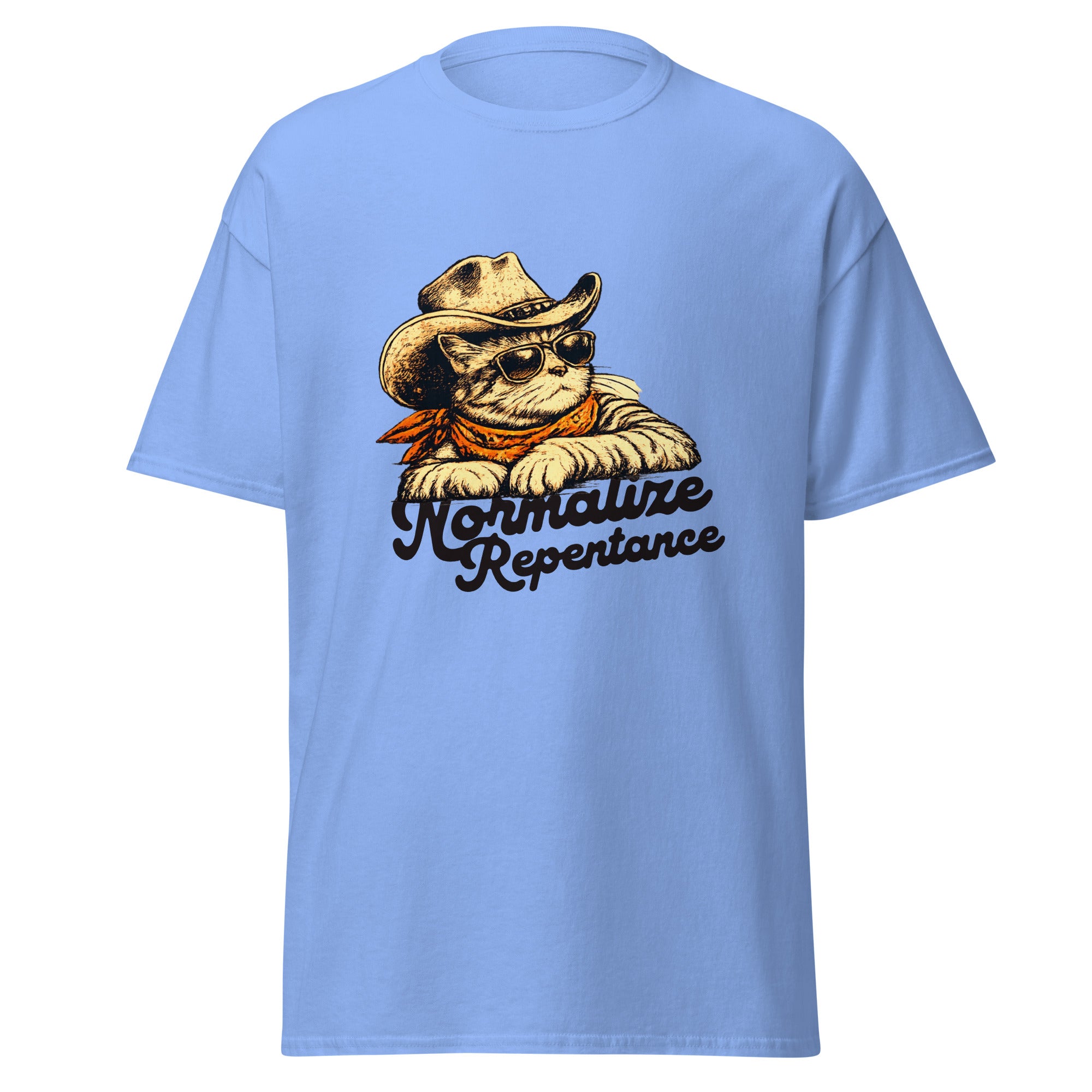 Normalize Repentance cowboy cat t-shirt in Carolina blue, vintage ink cat in a hat and bandana, retro Christian apparel