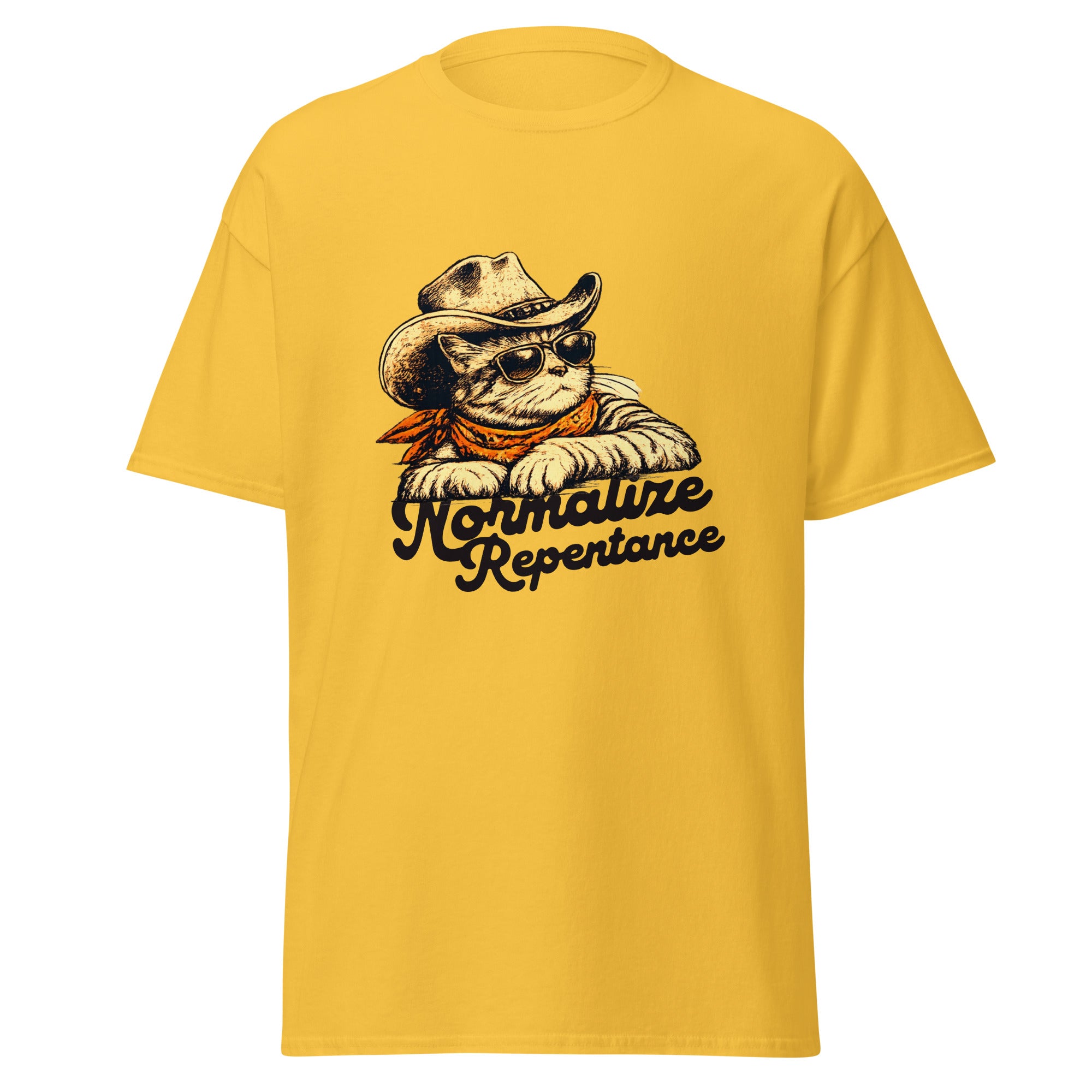 Normalize Repentance cowboy cat t-shirt in daisy yellow, vintage ink cat in a hat and bandana, retro Christian apparel