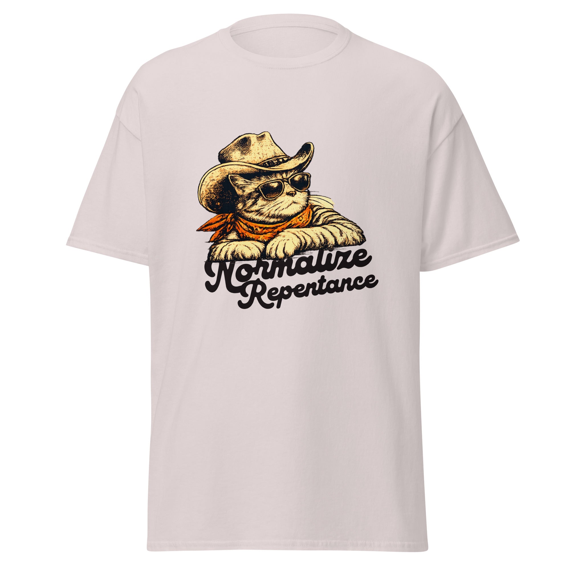 Normalize Repentance cowboy cat t-shirt in ice grey, vintage ink cat in a hat and bandana, retro Christian apparel