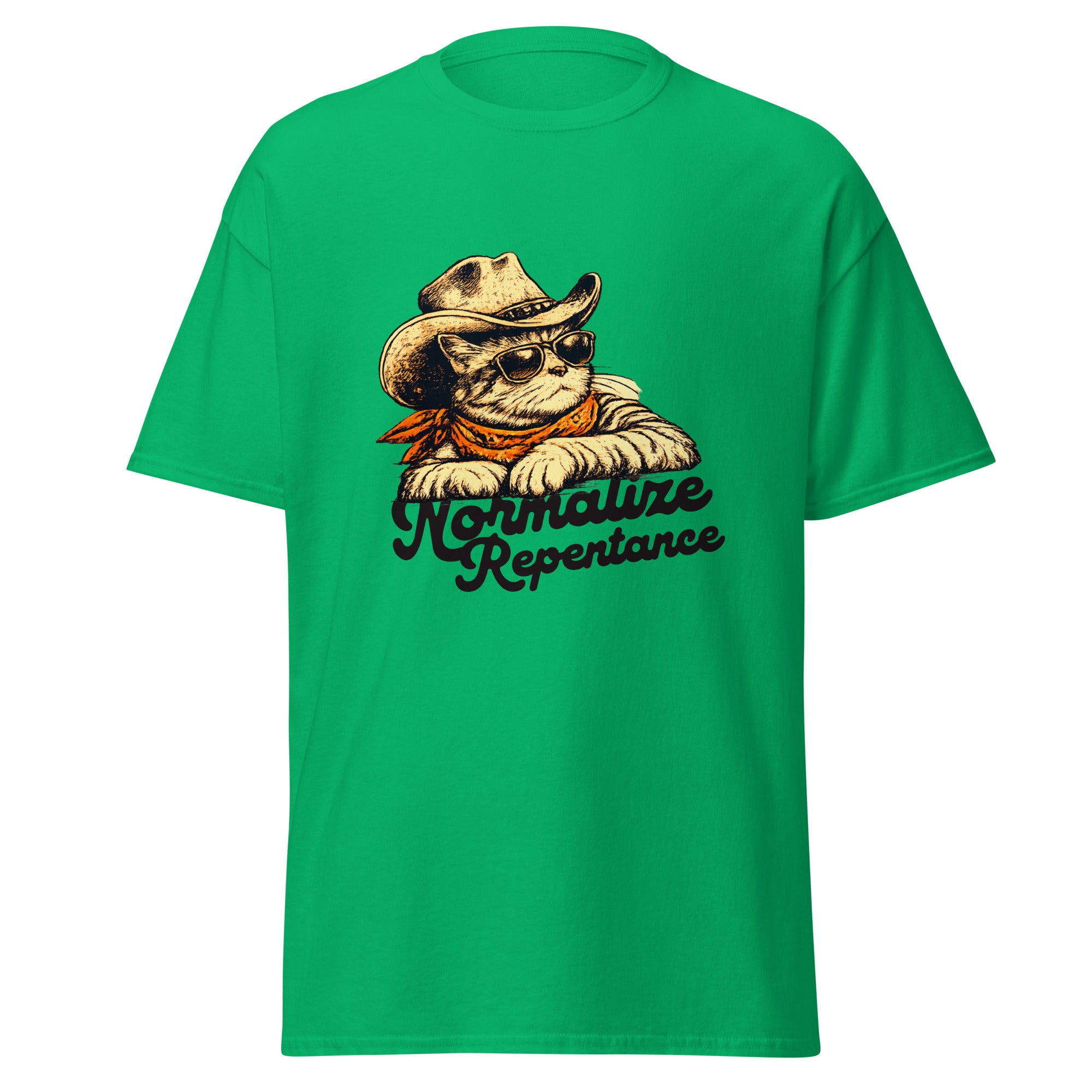 Normalize Repentance cowboy cat t-shirt in Irish green, vintage ink cat in a hat and bandana, retro Christian apparel
