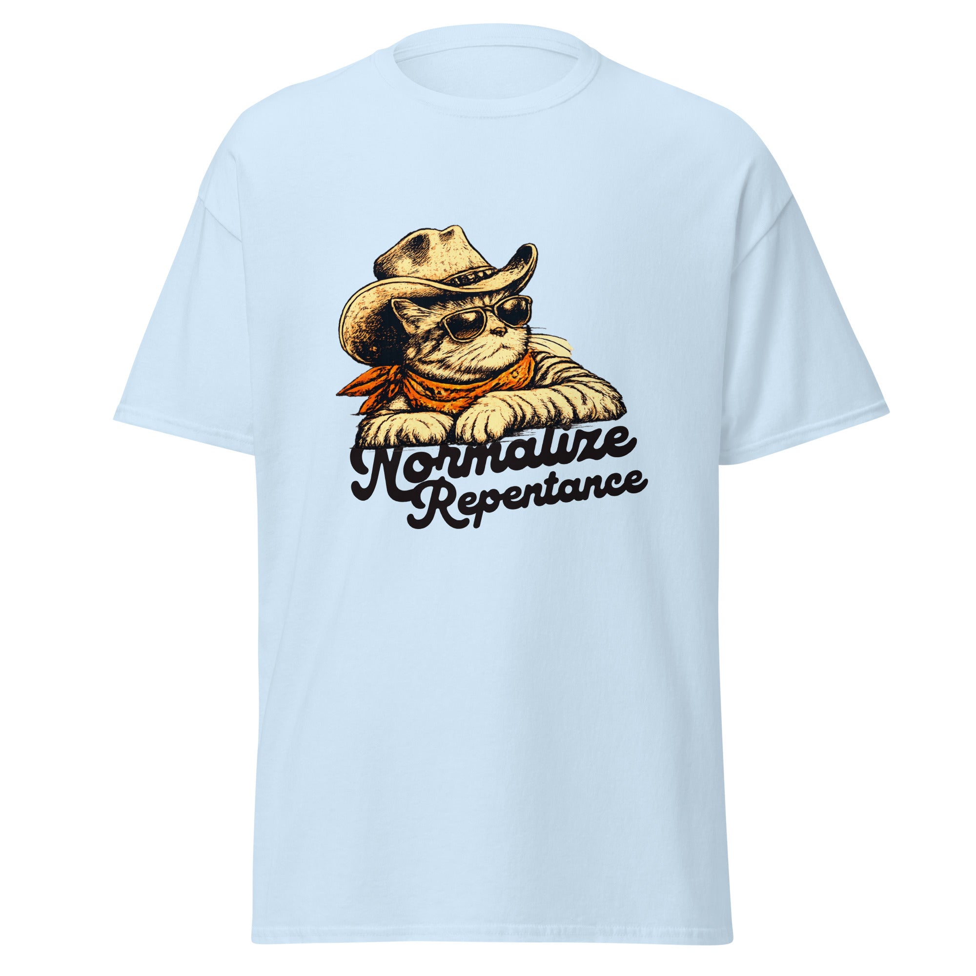 Normalize Repentance cowboy cat t-shirt in light blue, vintage ink cat in a hat and bandana, retro Christian apparel