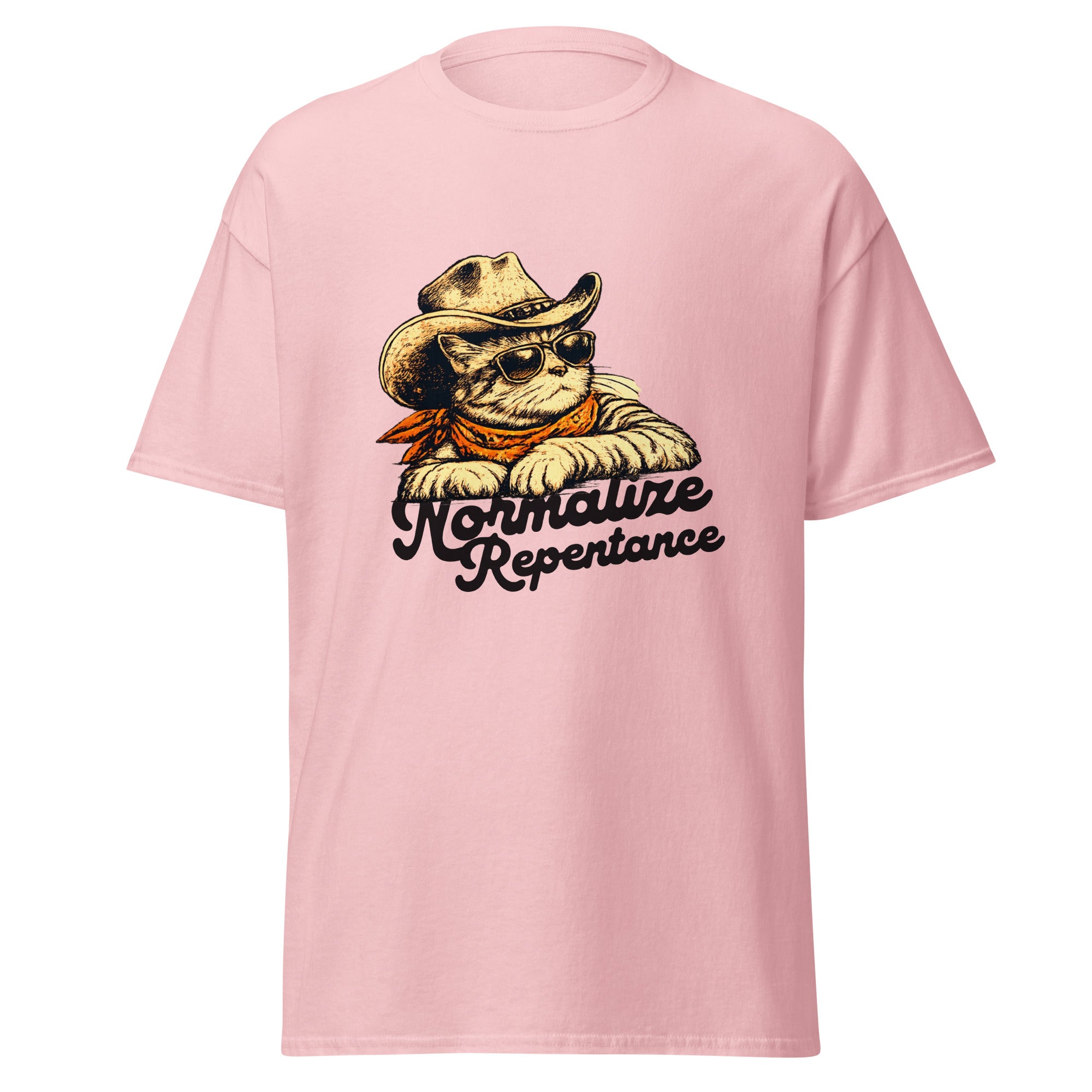 Normalize Repentance cowboy cat t-shirt in light pink, vintage ink cat in a hat and bandana, retro Christian apparel