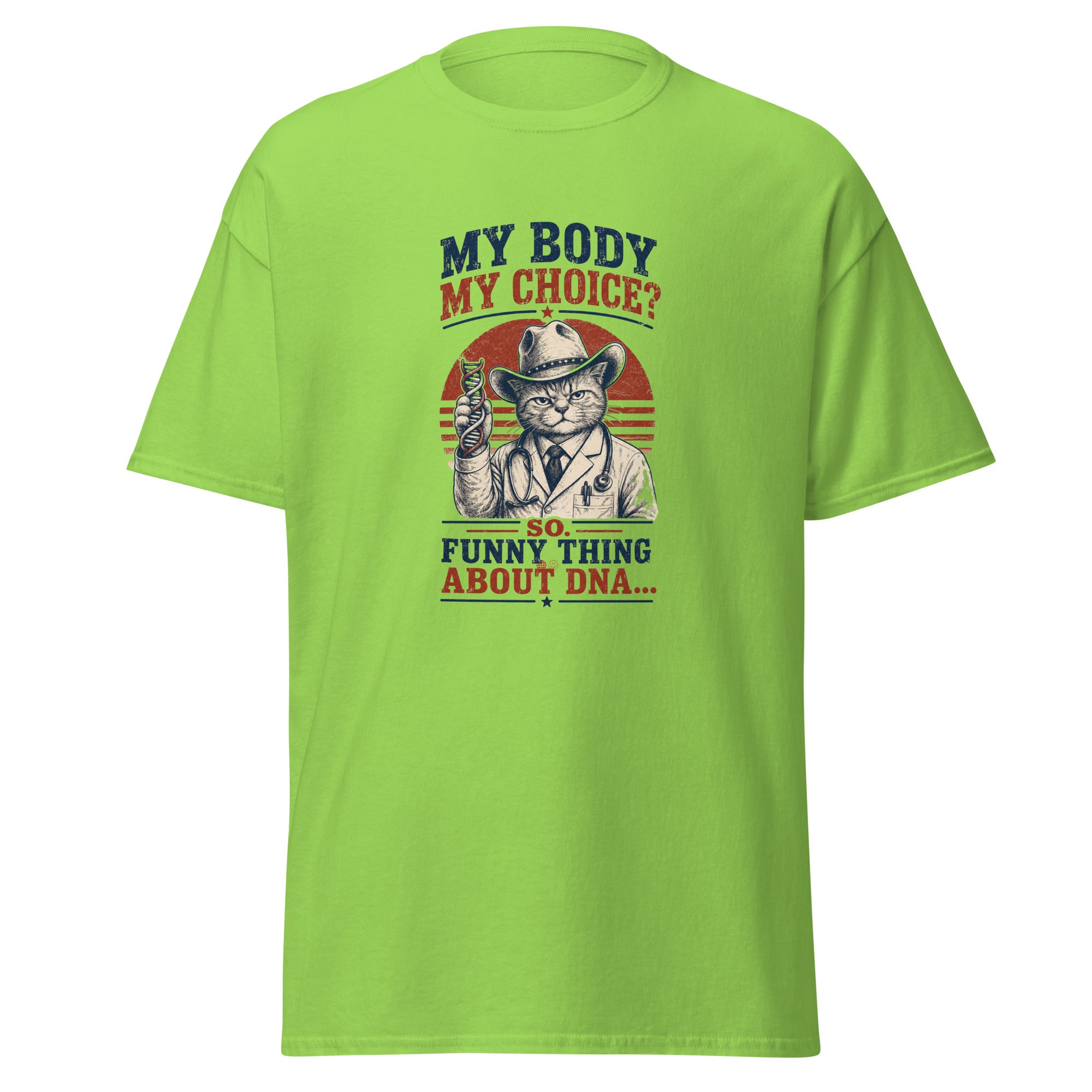 My Body My Choice DNA t-shirt in lime green, vintage ink cat doctor holding a DNA strand, retro pro-life apparel