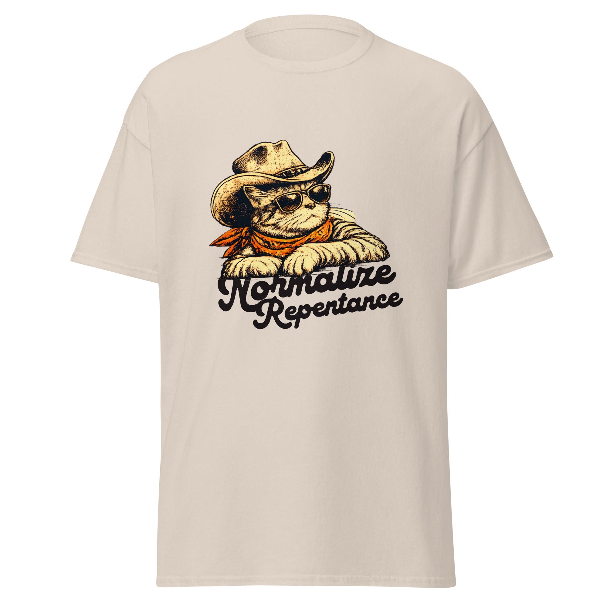 Normalize Repentance cowboy cat t-shirt in natural cream, vintage ink cat in a hat and bandana, retro Christian apparel