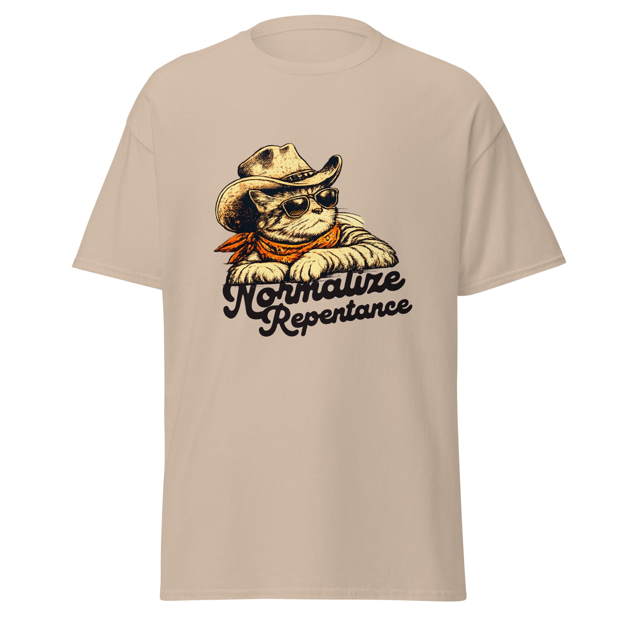 Normalize Repentance cowboy cat t-shirt in sand, vintage ink cat in a hat and bandana, retro Christian apparel