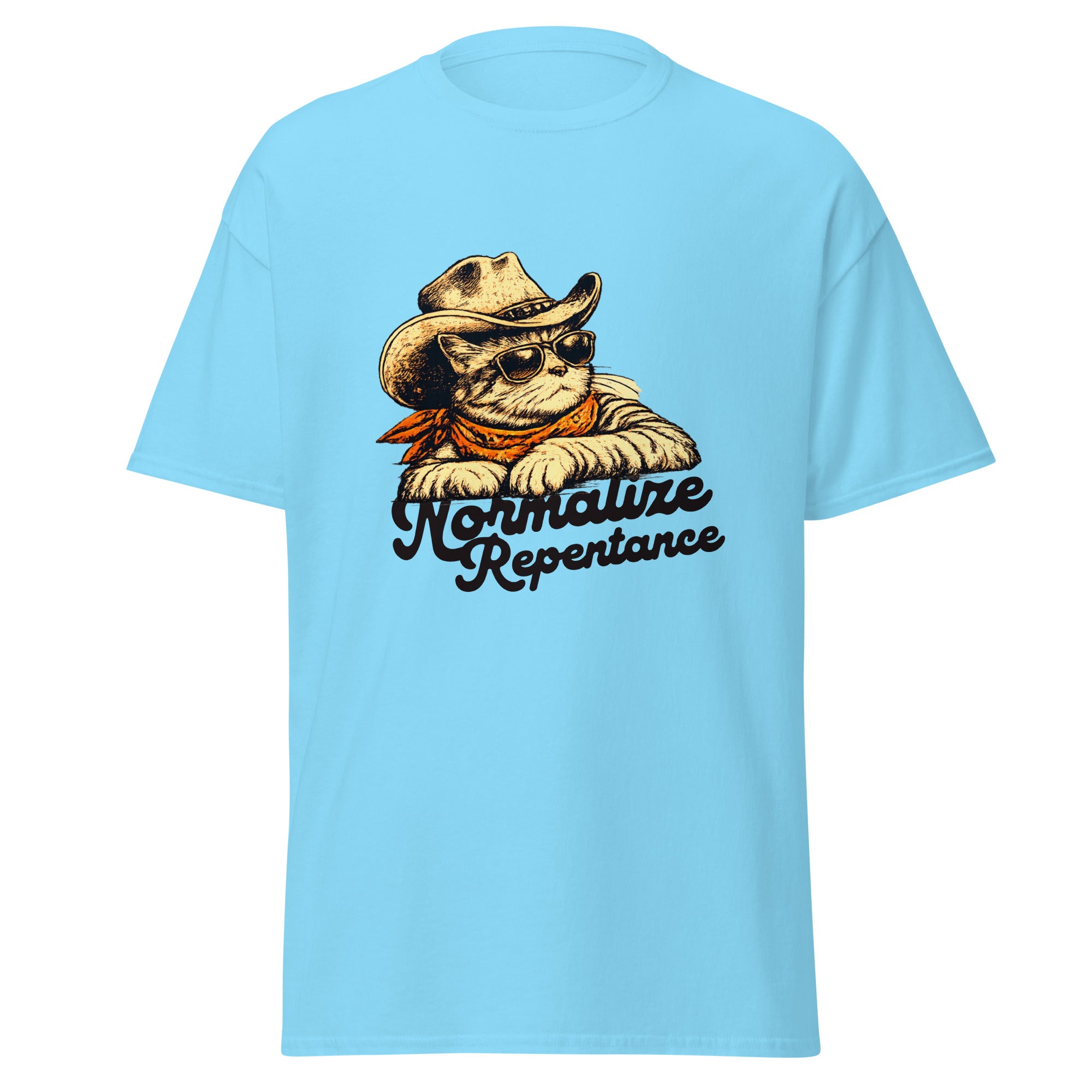 Normalize Repentance cowboy cat t-shirt in sky blue, vintage ink cat in a hat and bandana, retro Christian apparel