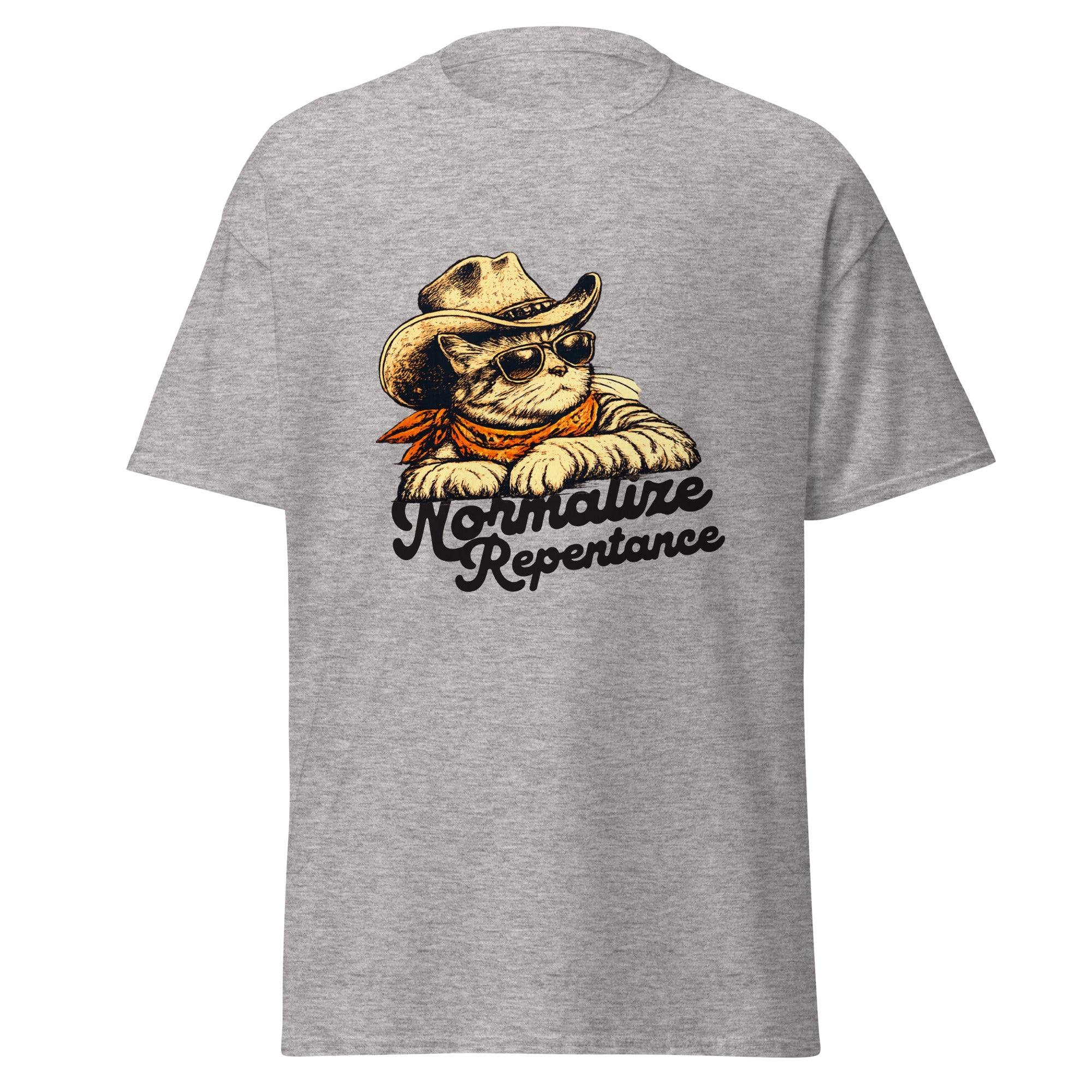 Normalize Repentance cowboy cat t-shirt in sport grey, vintage ink cat in a hat and bandana, retro Christian apparel