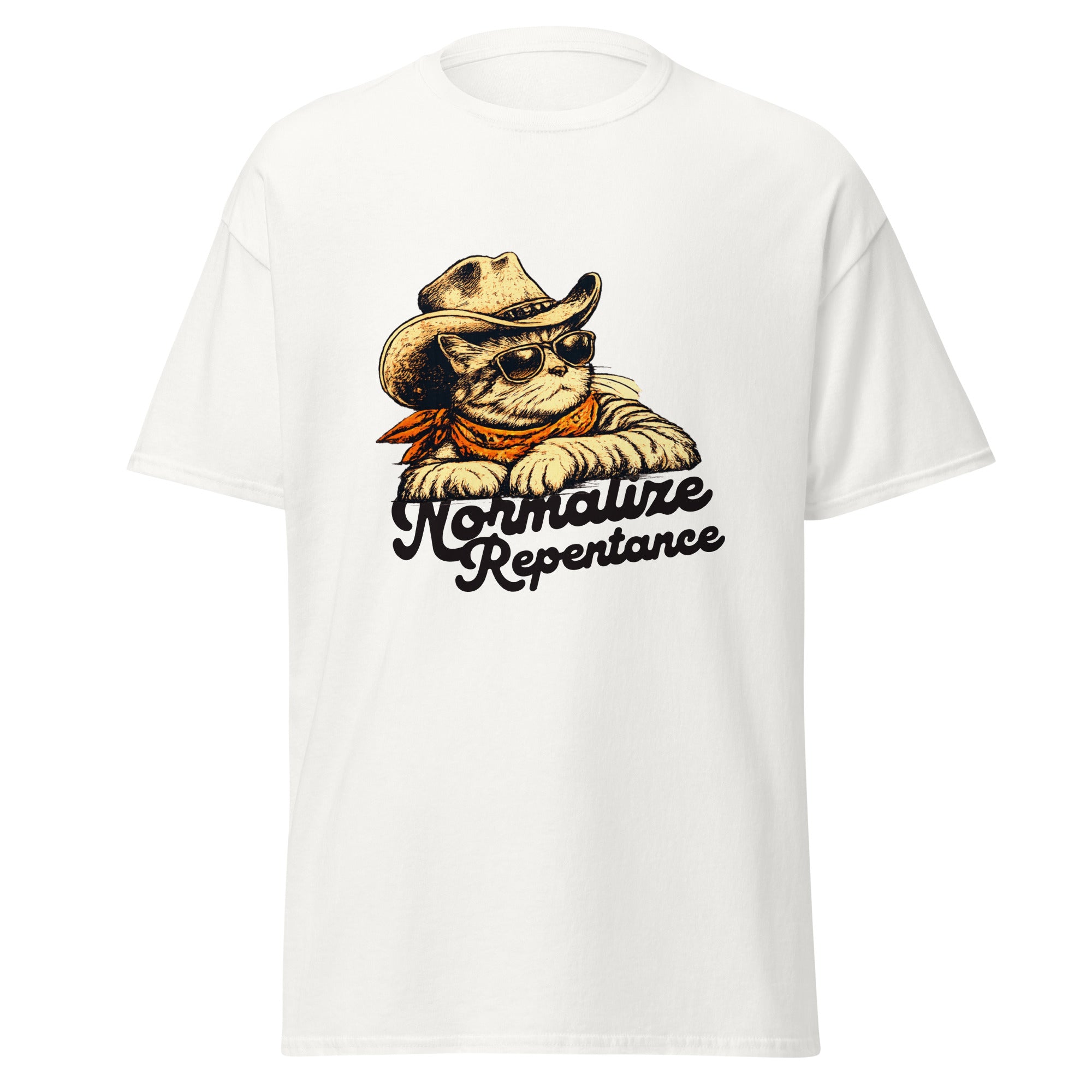 Normalize Repentance cowboy cat t-shirt in white, vintage ink cat in a hat and bandana, retro Christian apparel