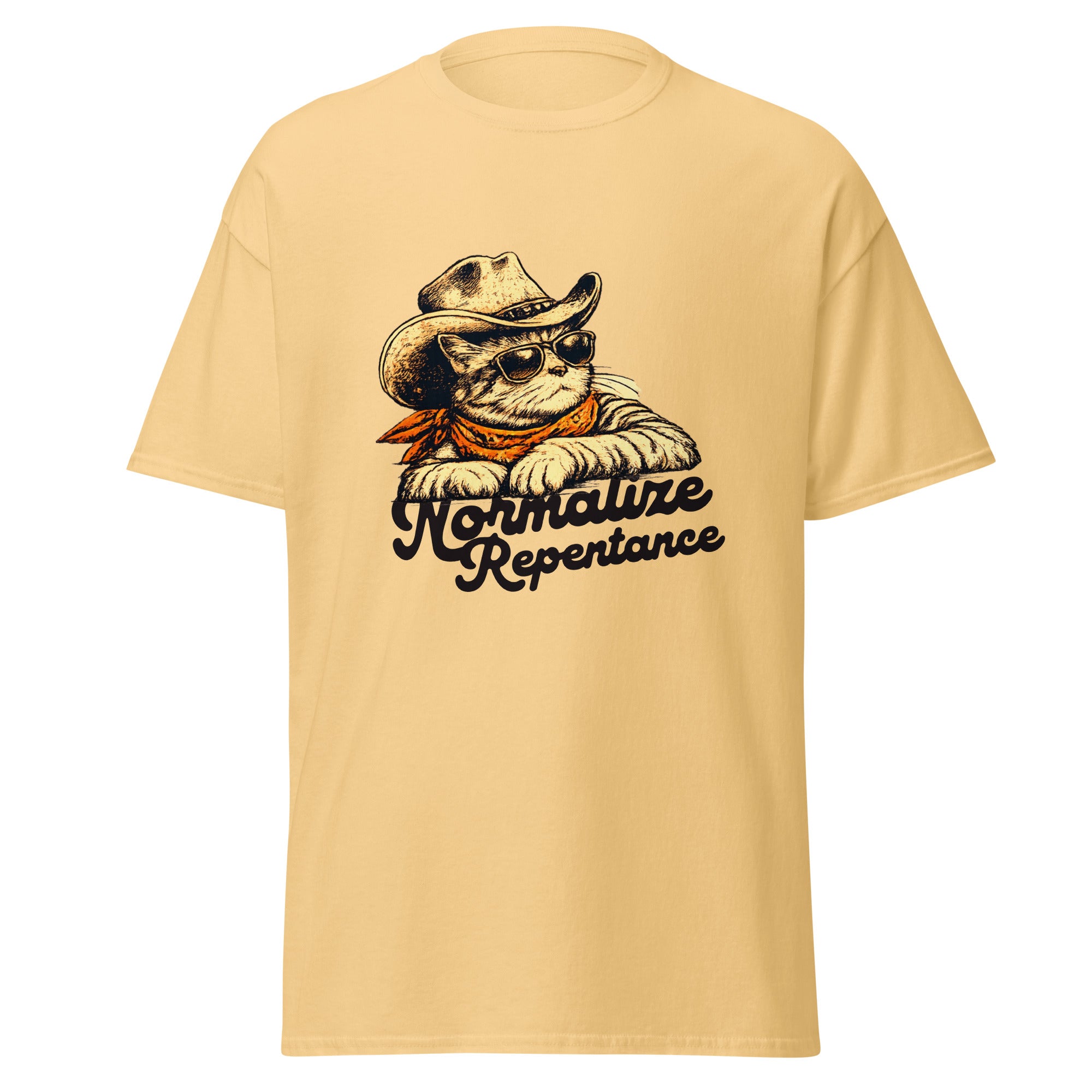 Normalize Repentance cowboy cat t-shirt in yellow haze, vintage ink cat in a hat and bandana, retro Christian apparel