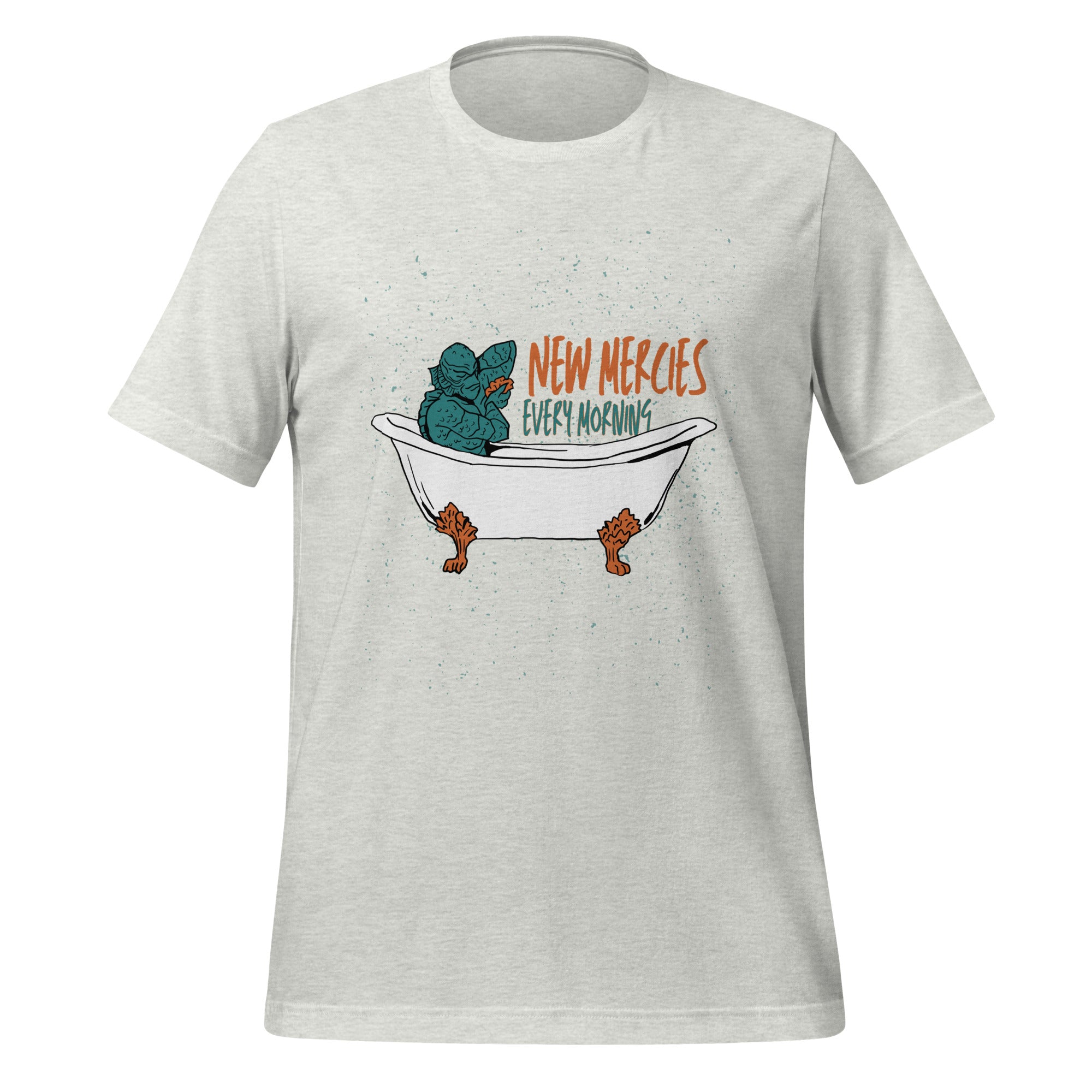New Mercies Every Morning t-shirt in ash grey, vintage ink creature in a clawfoot bathtub, retro Christian apparel