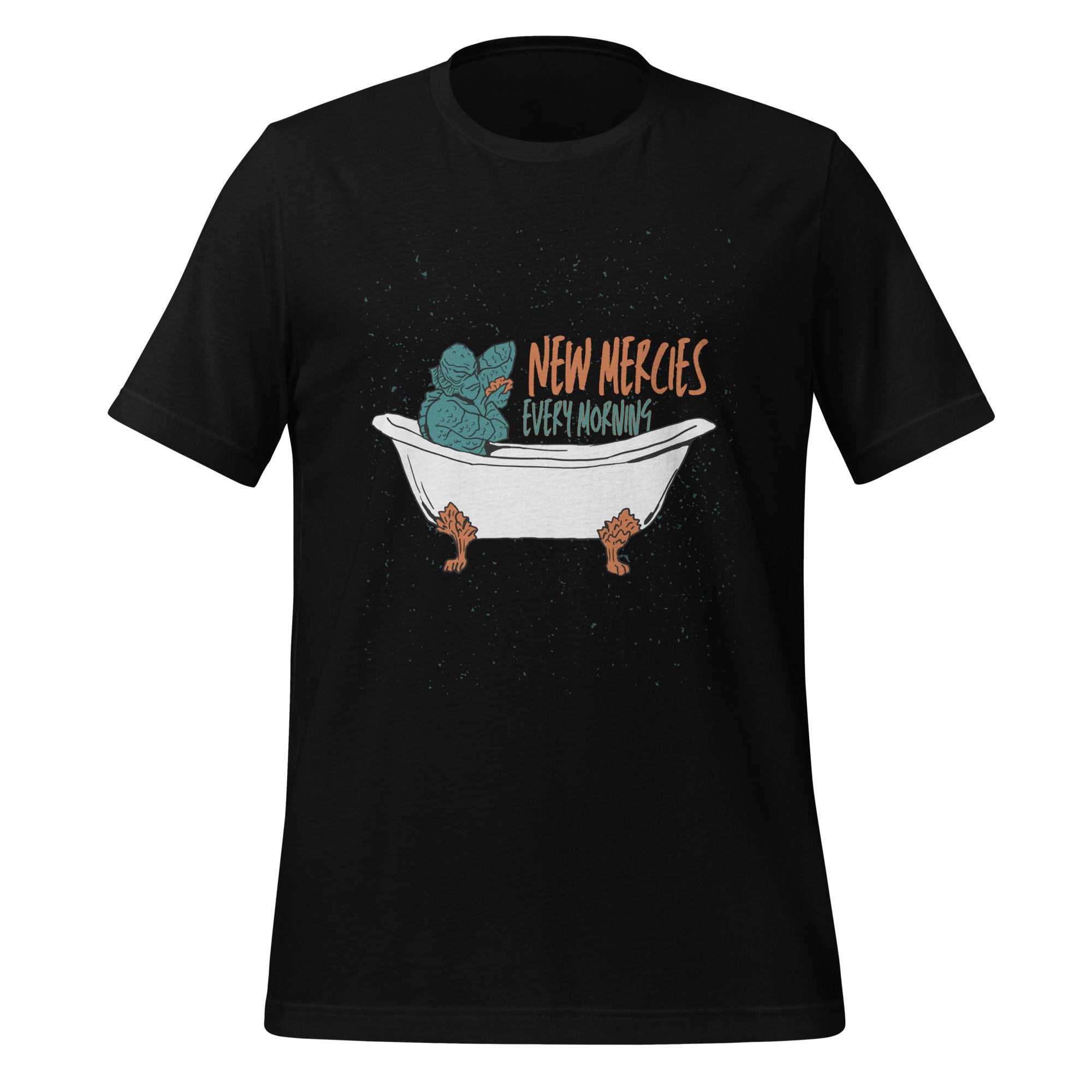 New Mercies Every Morning t-shirt in black, vintage ink creature in a clawfoot bathtub, retro Christian apparel