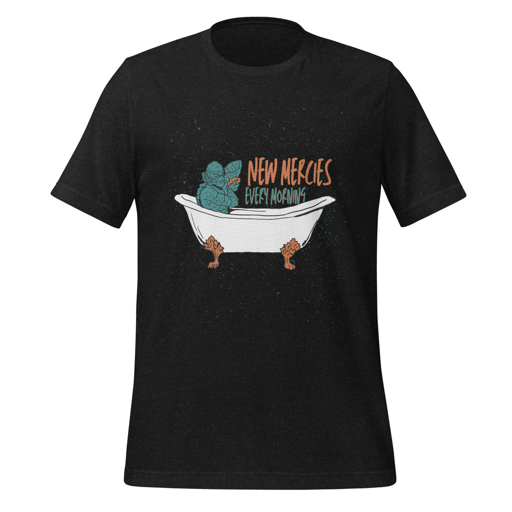 New Mercies Every Morning t-shirt in black heather, vintage ink creature in a clawfoot bathtub, retro Christian apparel
