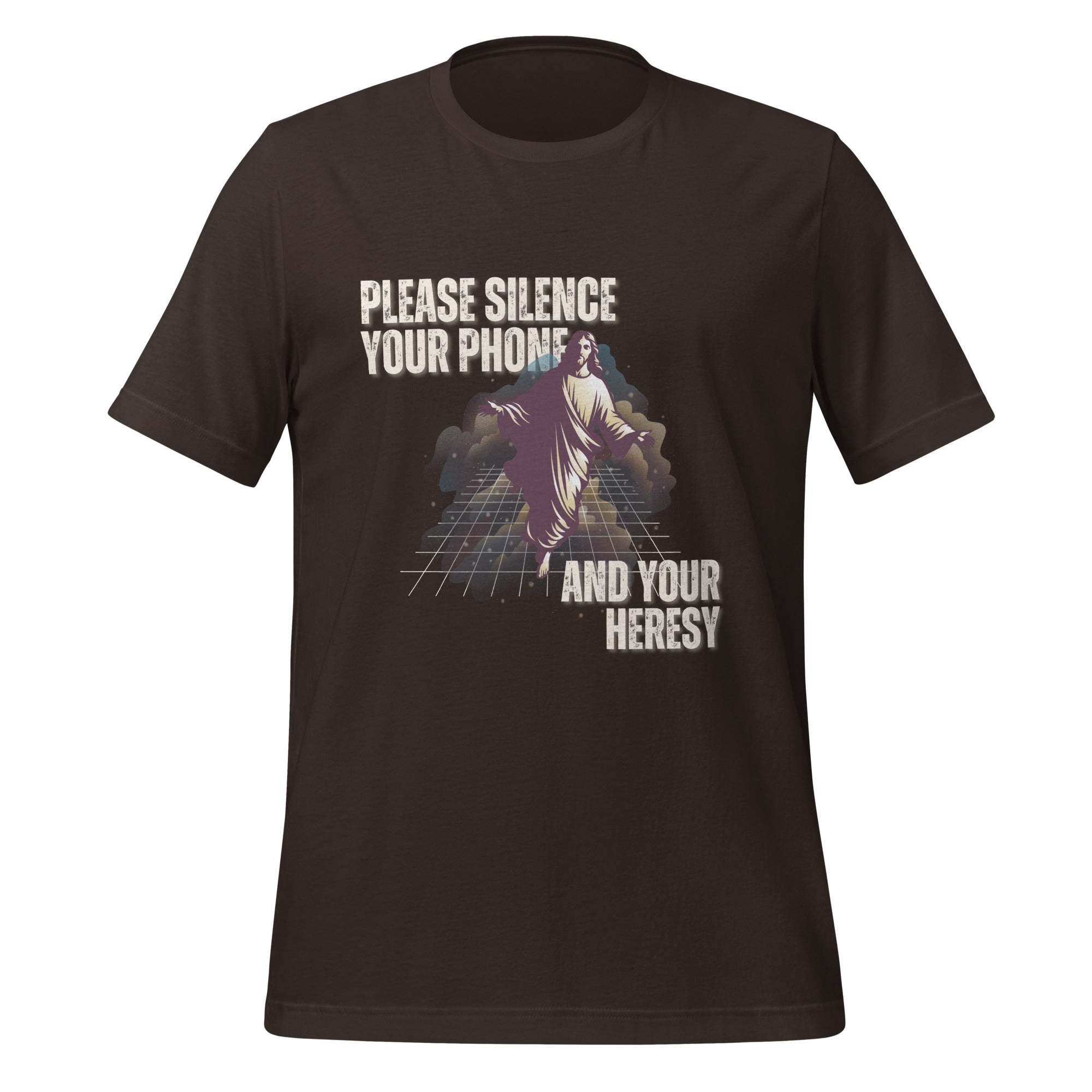 Please Silence Your Phone and Your Heresy t-shirt in brown, retro synthwave Jesus on a neon grid, Christian apparel
