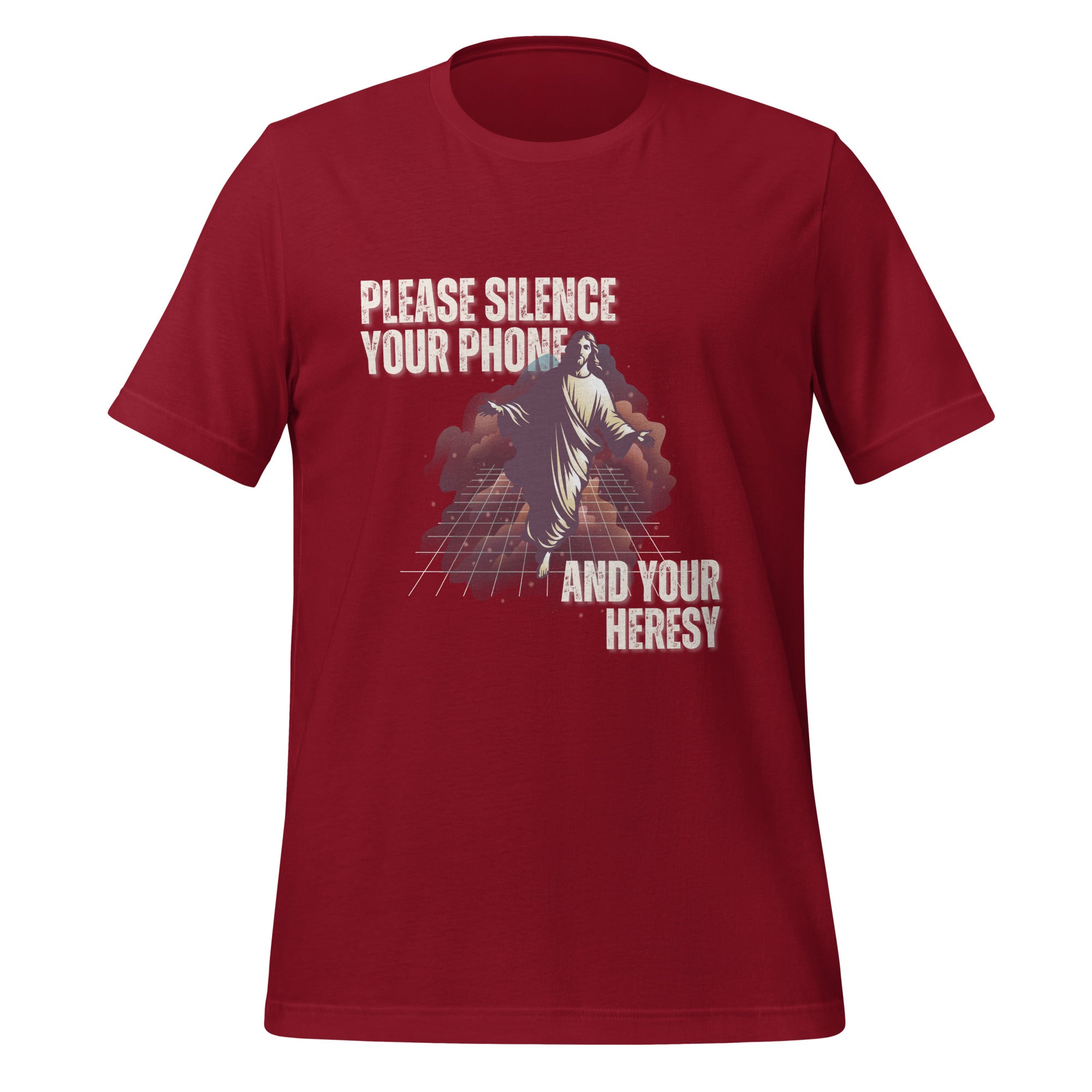 Please Silence Your Phone and Your Heresy t-shirt in cardinal red, retro synthwave Jesus on a neon grid, Christian apparel