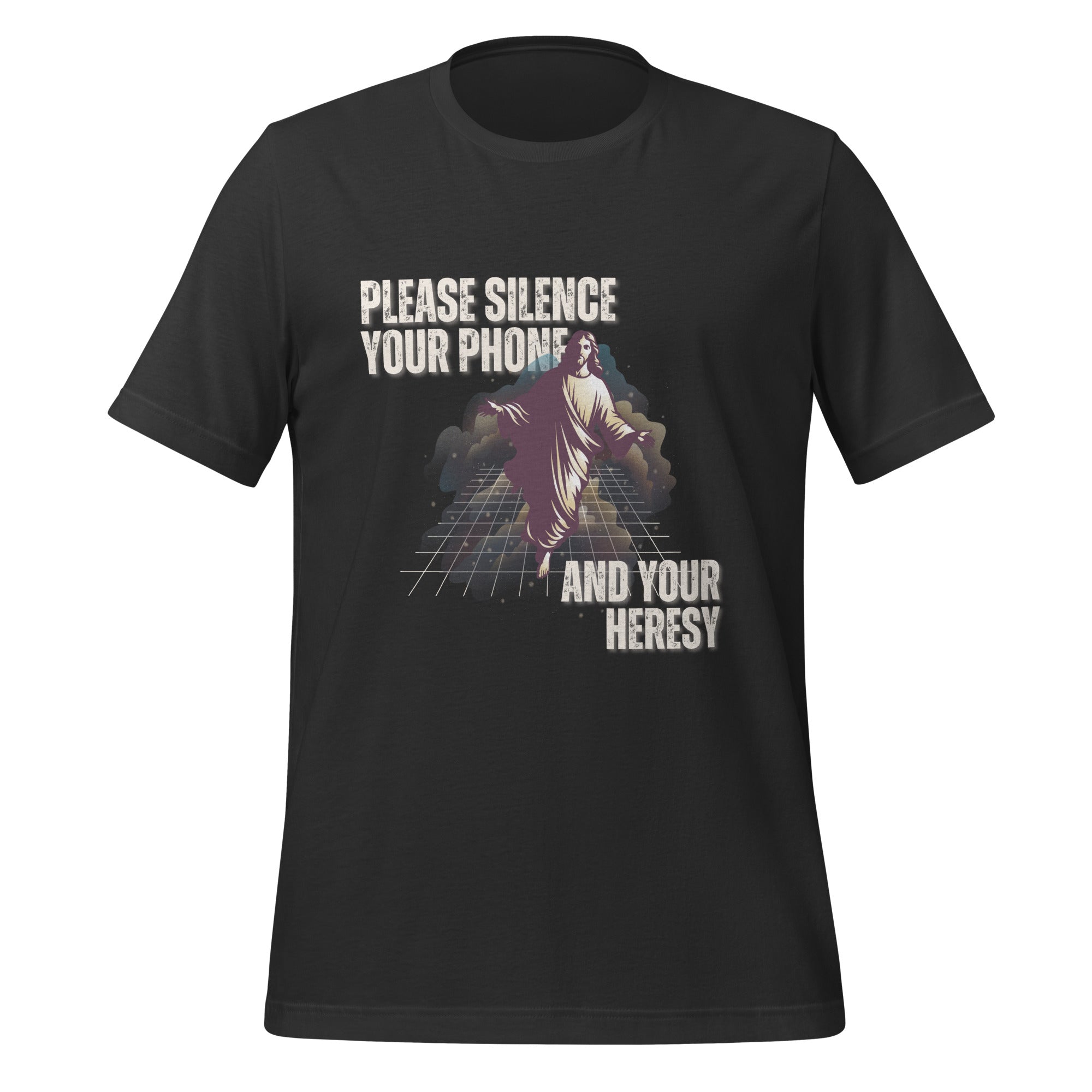Please Silence Your Phone and Your Heresy t-shirt in dark grey, retro synthwave Jesus on a neon grid, Christian apparel