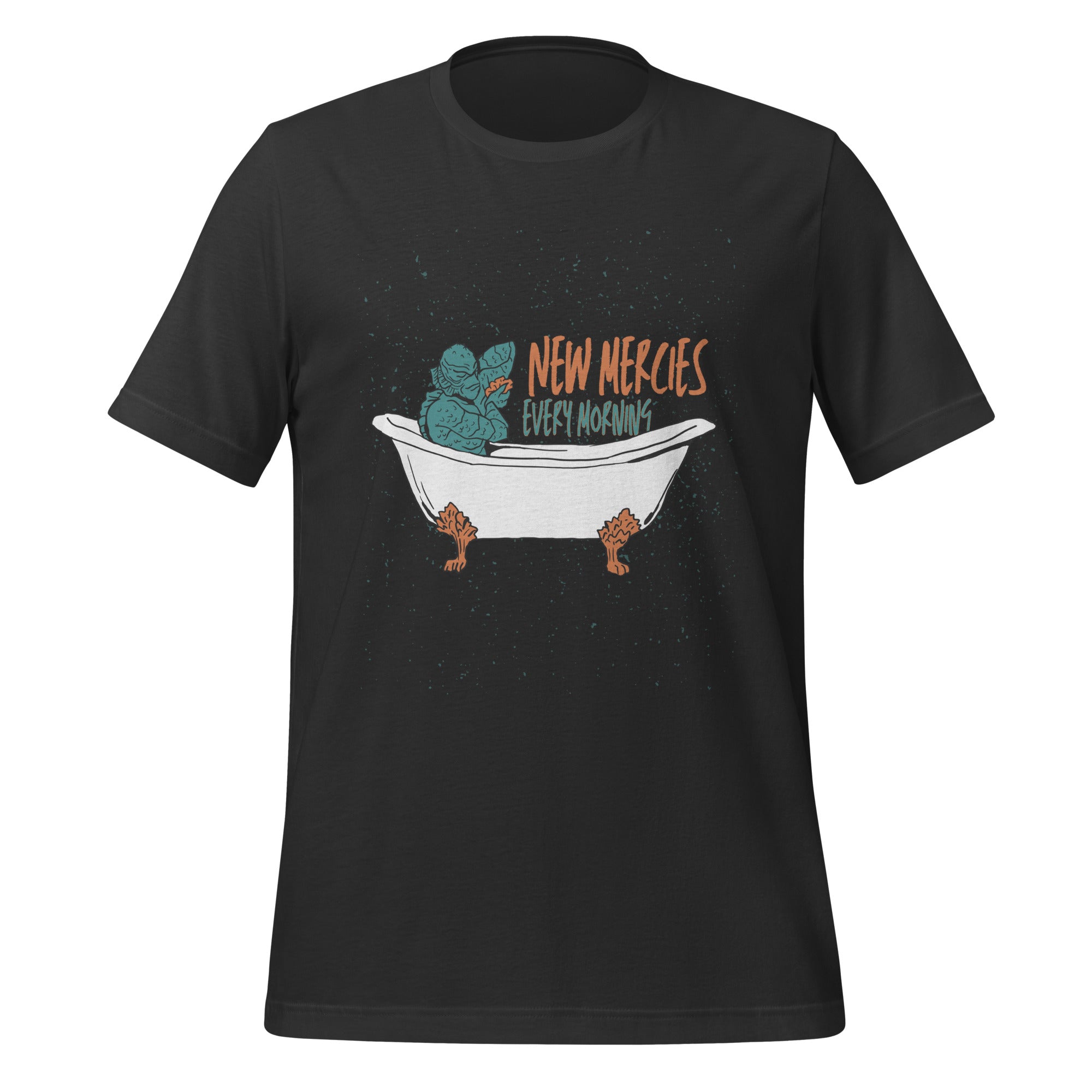 New Mercies Every Morning t-shirt in dark grey, vintage ink creature in a clawfoot bathtub, retro Christian apparel