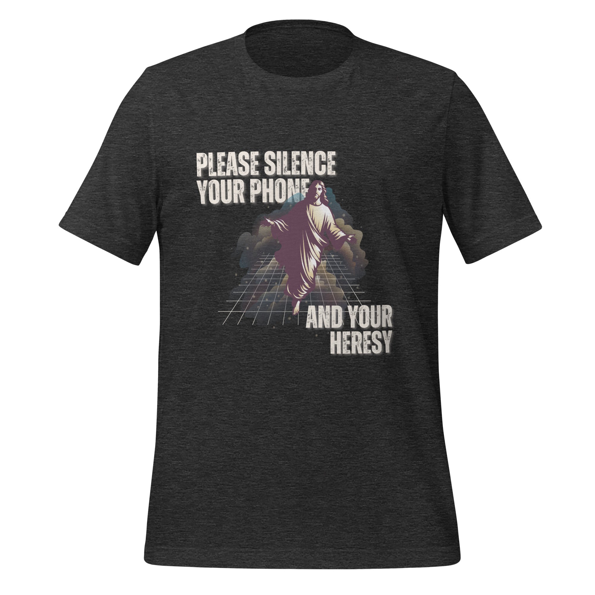 Please Silence Your Phone and Your Heresy t-shirt in dark grey heather, retro synthwave Jesus on a neon grid, Christian apparel