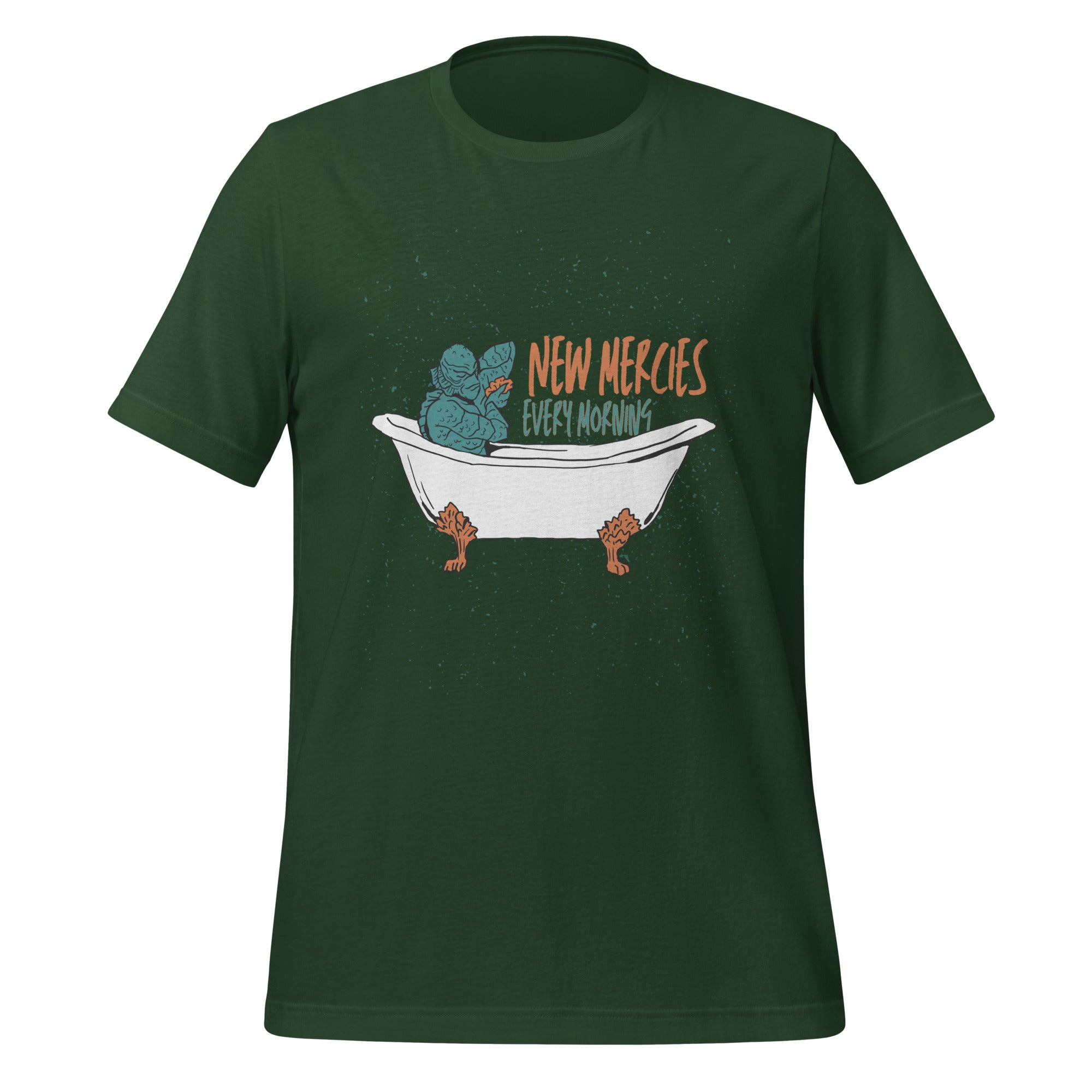 New Mercies Every Morning t-shirt in forest green, vintage ink creature in a clawfoot bathtub, retro Christian apparel