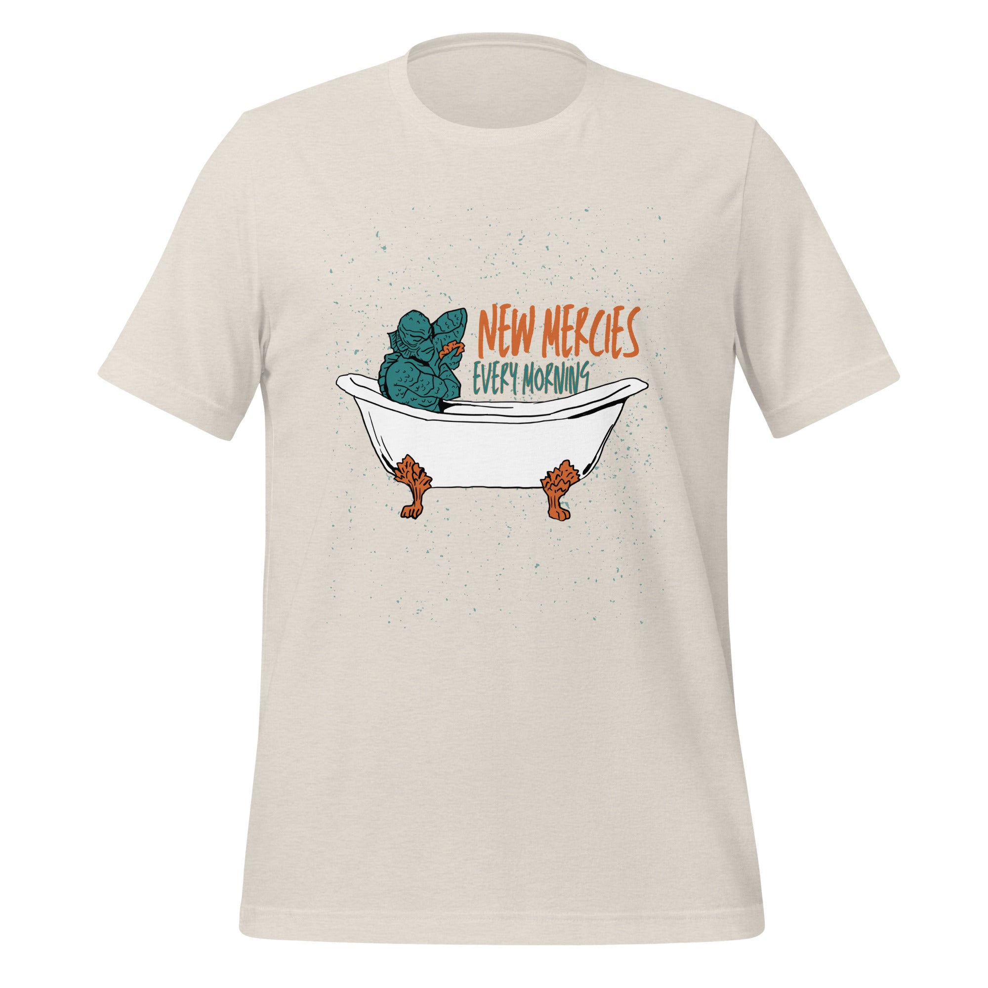 New Mercies Every Morning t-shirt in heather dust, vintage ink creature in a clawfoot bathtub, retro Christian apparel