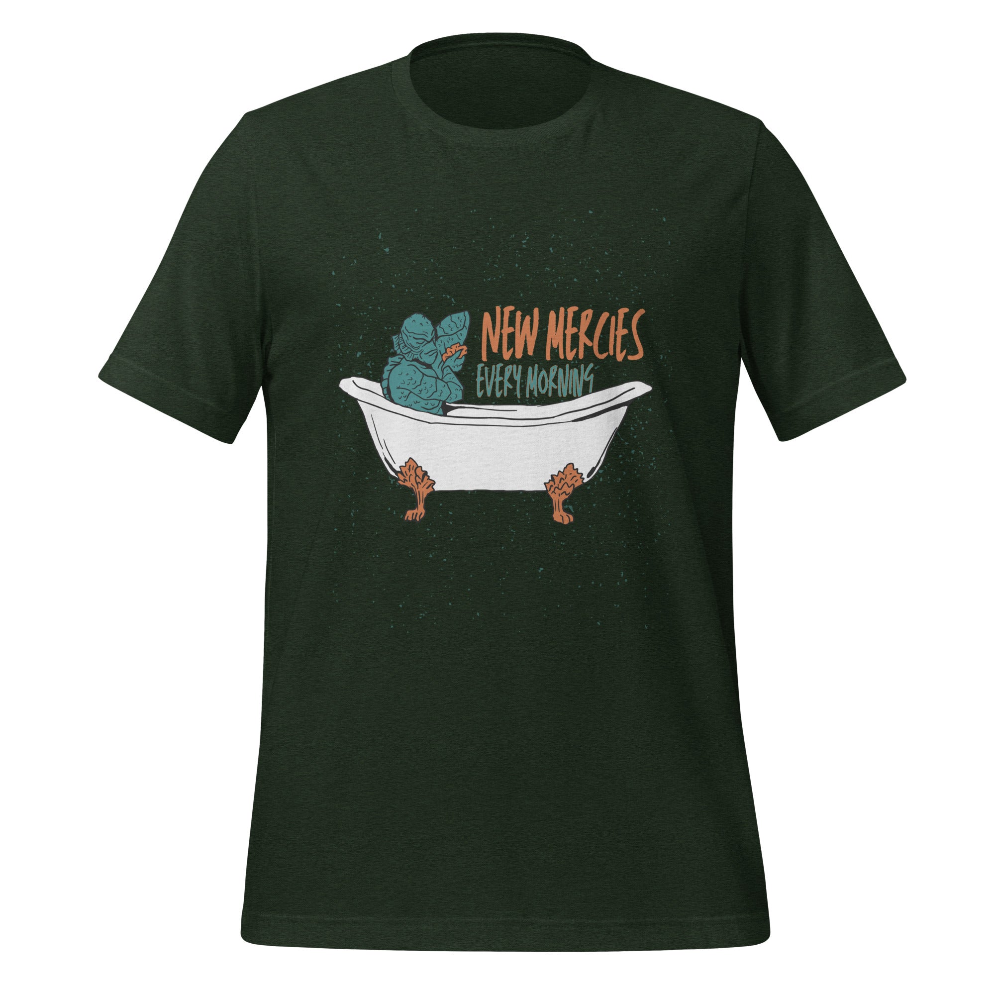 New Mercies Every Morning t-shirt in heather emerald, vintage ink creature in a clawfoot bathtub, retro Christian apparel