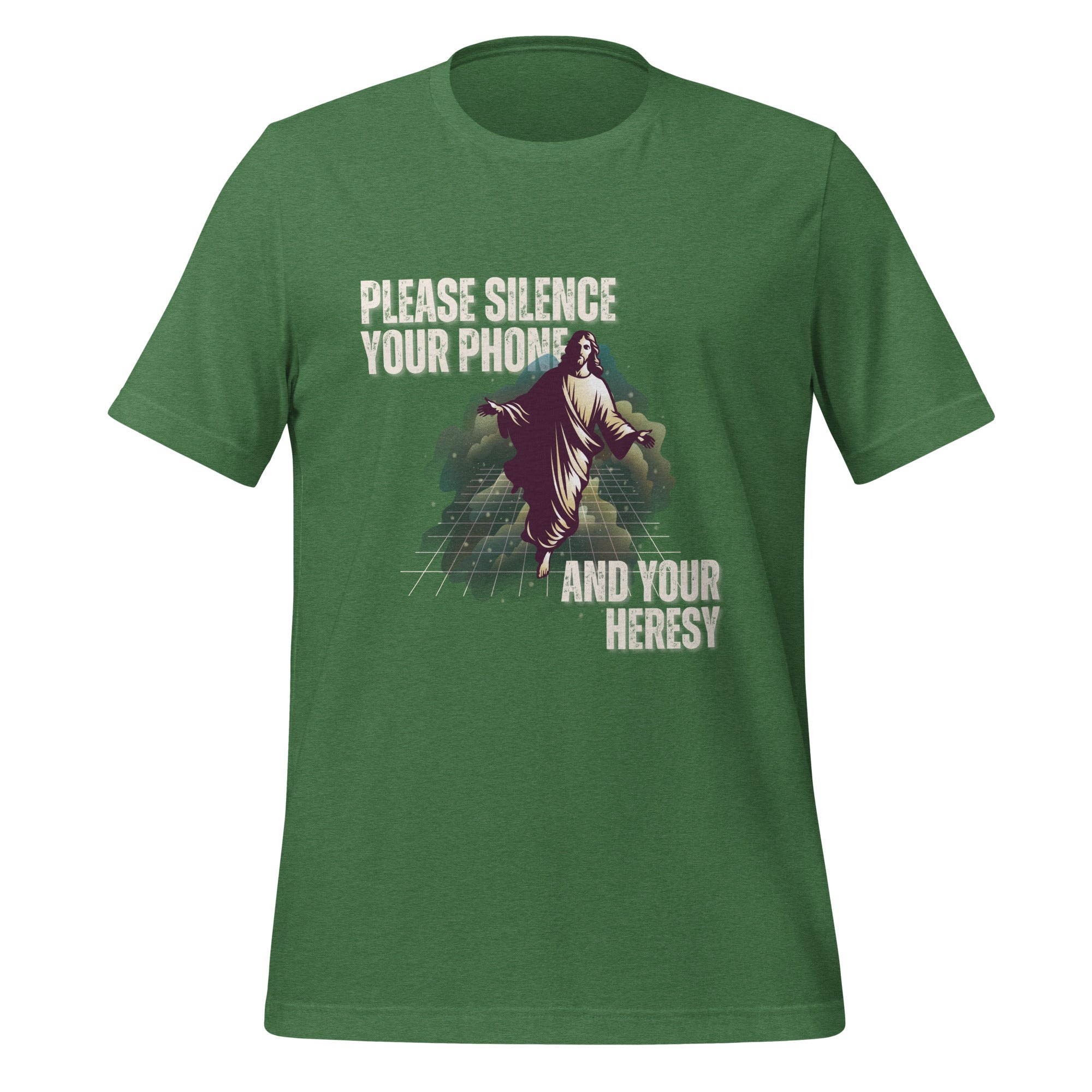 Please Silence Your Phone and Your Heresy t-shirt in heather grass green, retro synthwave Jesus on a neon grid, Christian apparel