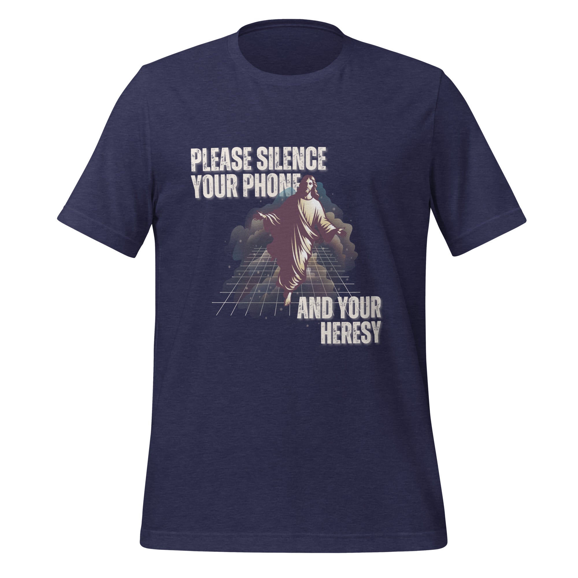 Please Silence Your Phone and Your Heresy t-shirt in heather midnight navy, retro synthwave Jesus on a neon grid, Christian apparel