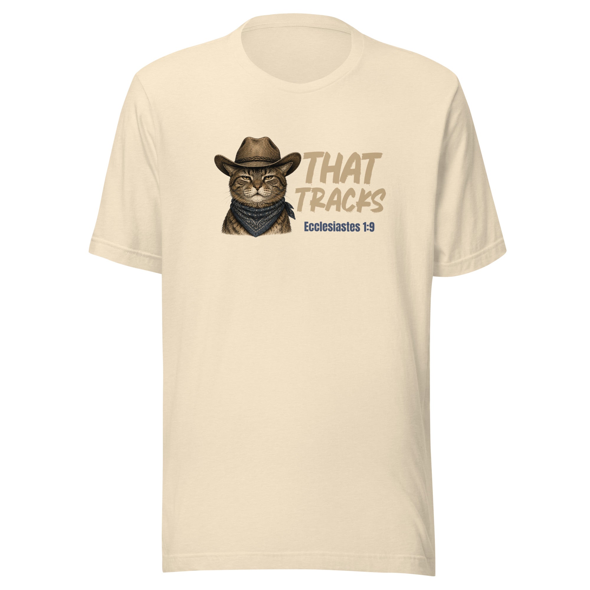 That Tracks t-shirt in heather natural, vintage ink deadpan cowboy cat and Ecclesiastes 1:9, retro Christian apparel