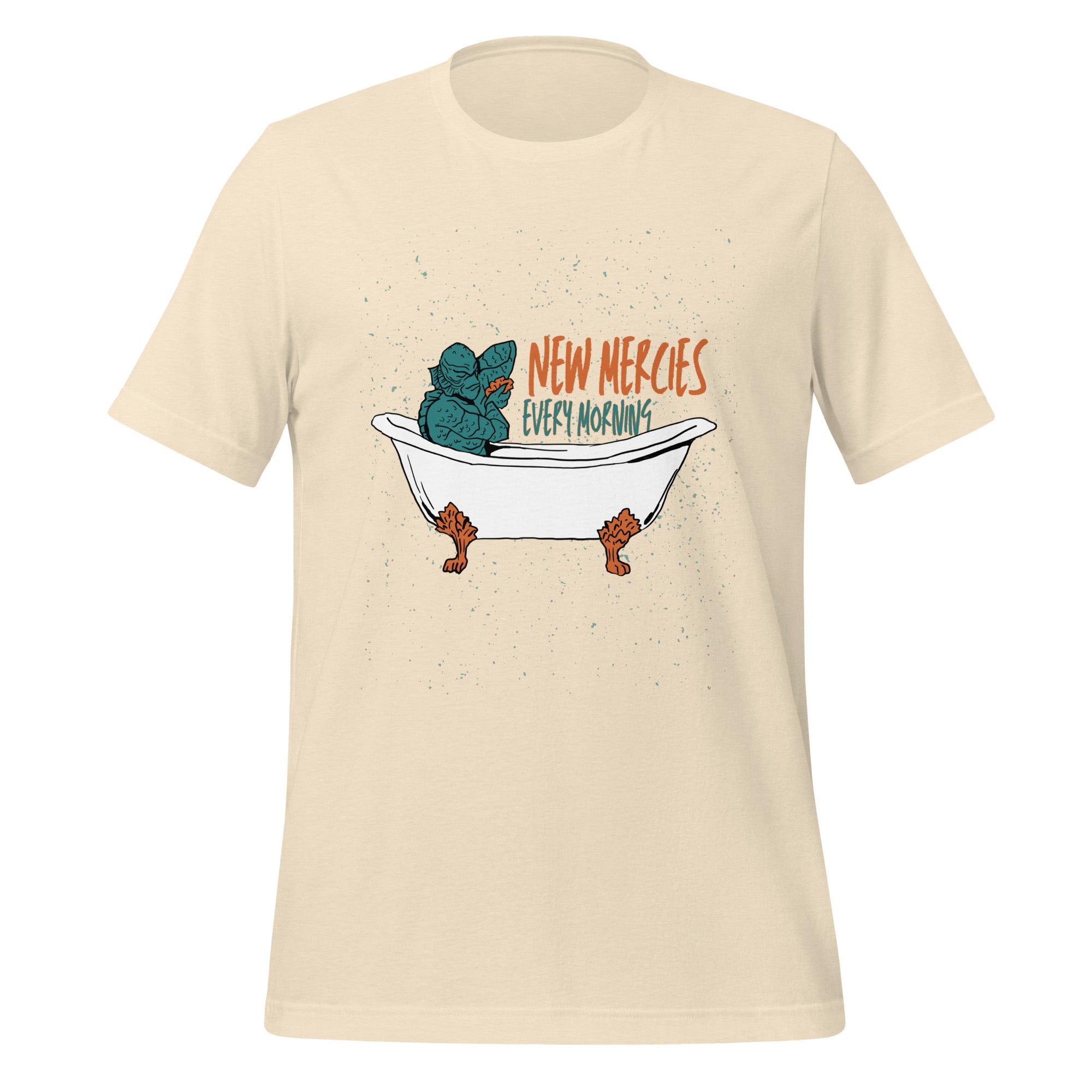 New Mercies Every Morning t-shirt in heather natural, vintage ink creature in a clawfoot bathtub, retro Christian apparel