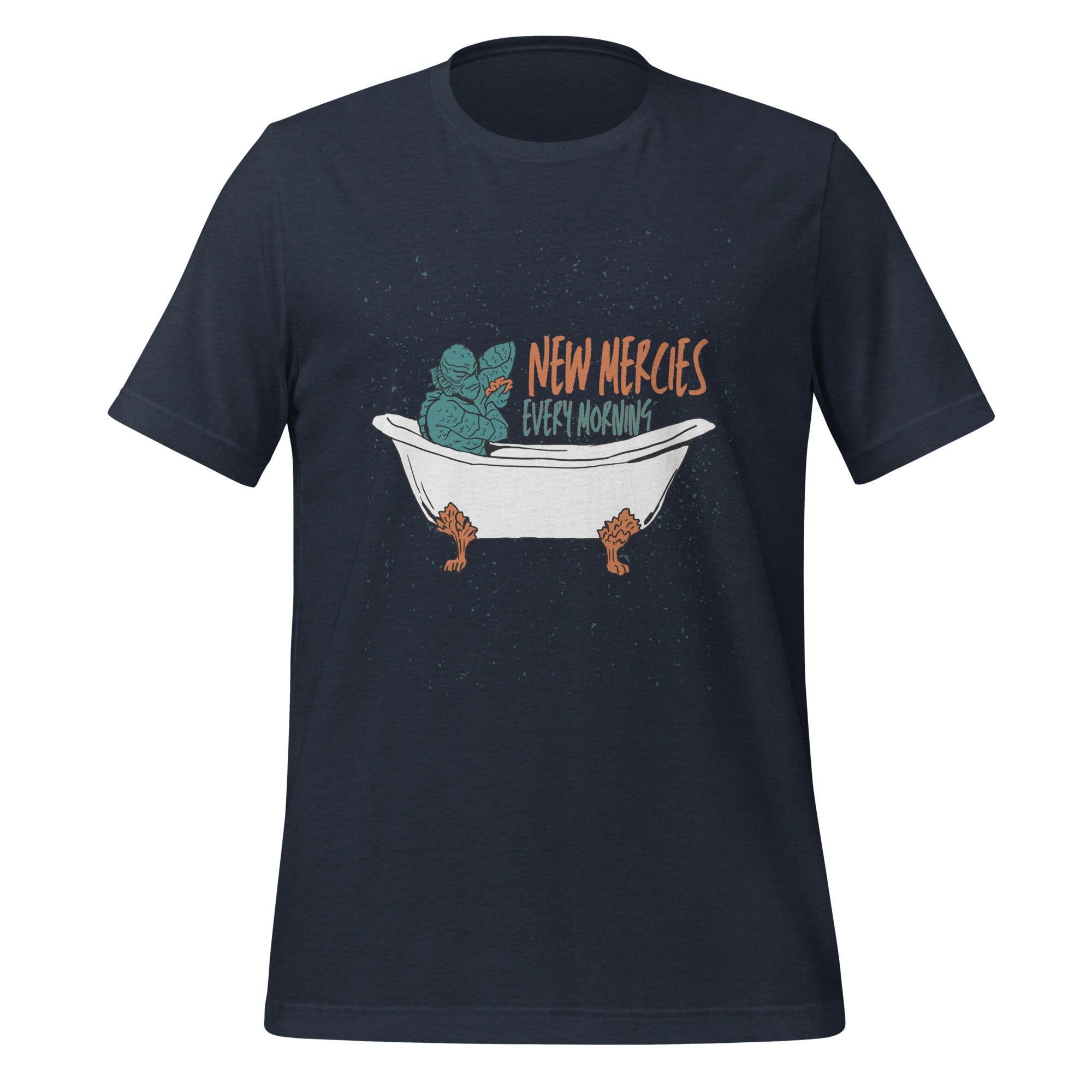 New Mercies Every Morning t-shirt in heather navy, vintage ink creature in a clawfoot bathtub, retro Christian apparel