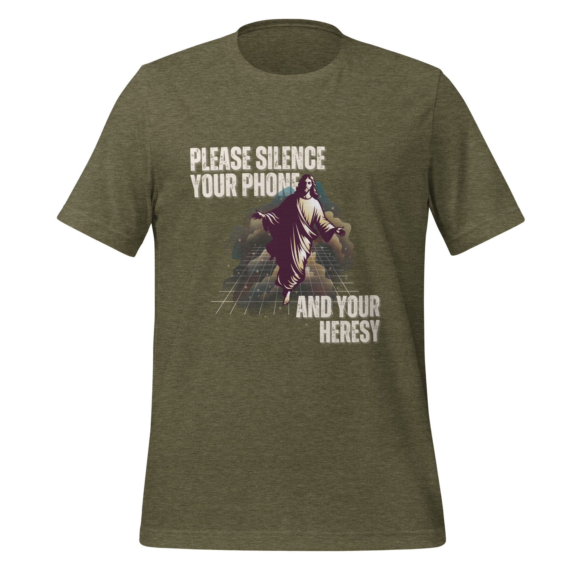 Please Silence Your Phone and Your Heresy t-shirt in heather olive, retro synthwave Jesus on a neon grid, Christian apparel